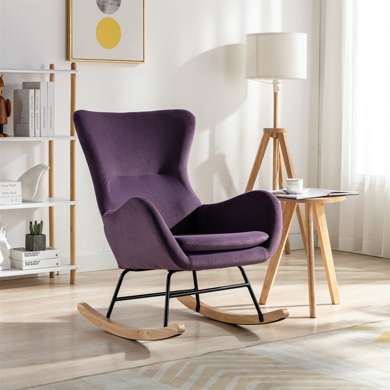 Modern Velvet Nursery Rocking Chair - High Back Upholstered Armchair with Padded Seat & Solid Wood Frame | Comfortable Purple Accent Chair for Living Room, Nursery, Bedroom & Reading Nook