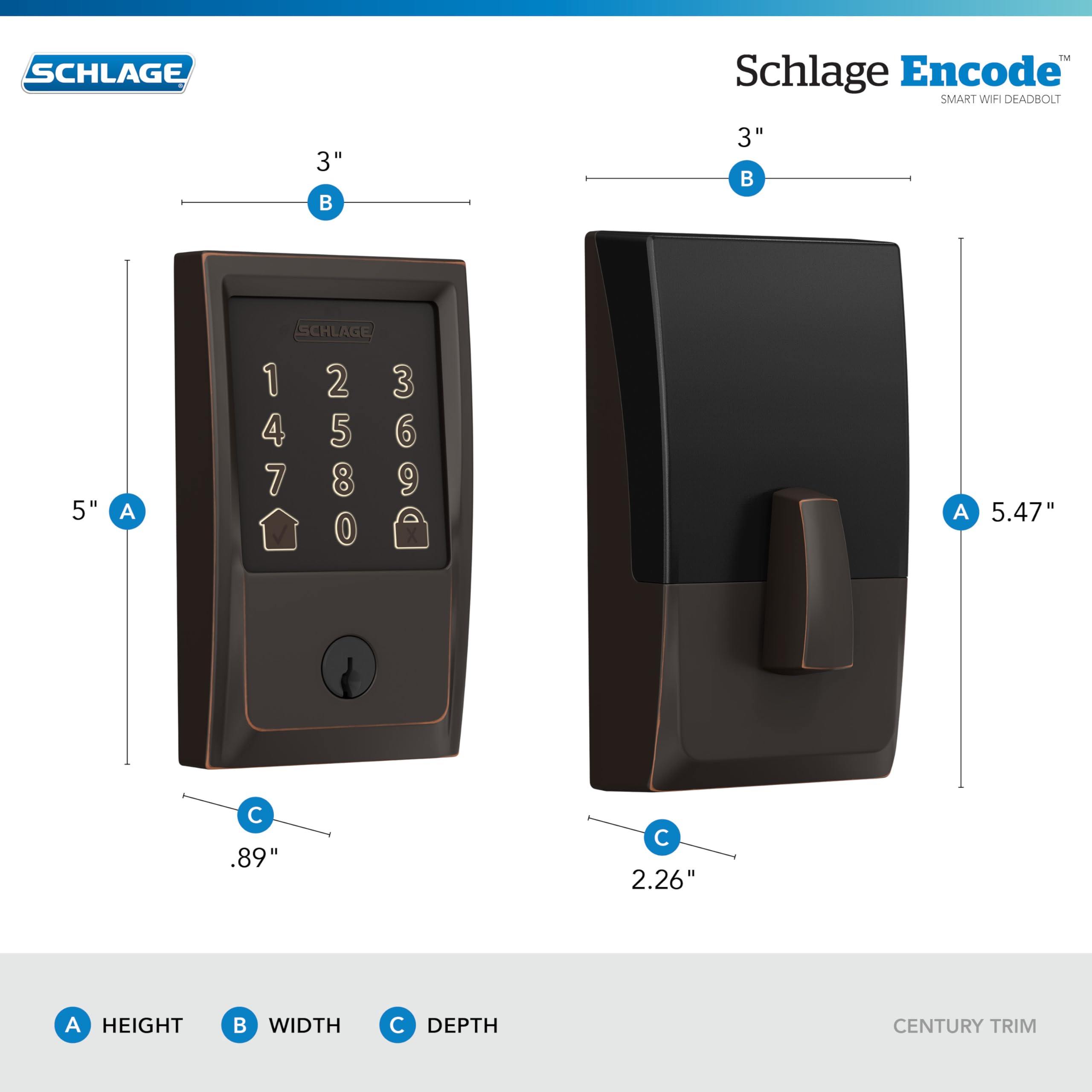 Schlage Encode Smart WiFi Deadbolt Lock - Keyless Entry with Century Trim in Aged Bronze - Secure Your Home with Smart Technology for Front Doors & Apartments