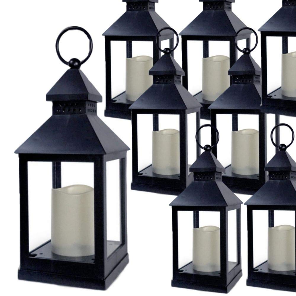 BANBERRY DESIGNS Decorative Lanterns Set of 8 - Black Flameless LED Candle Lanterns 9.4