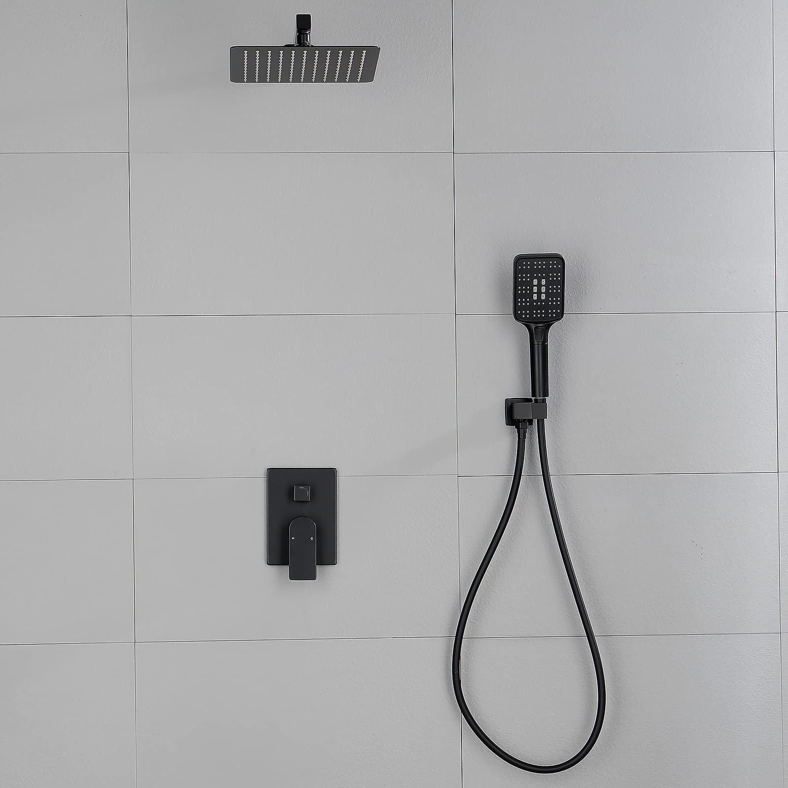 Matte Black Shower Faucet Set with 10 Inch Rainfall Shower Head - Pressure Balance Valve & Stainless Steel Trim Kit (6012B) - Perfect for Modern Bathroom Renovation and Spa-Like Shower Experience