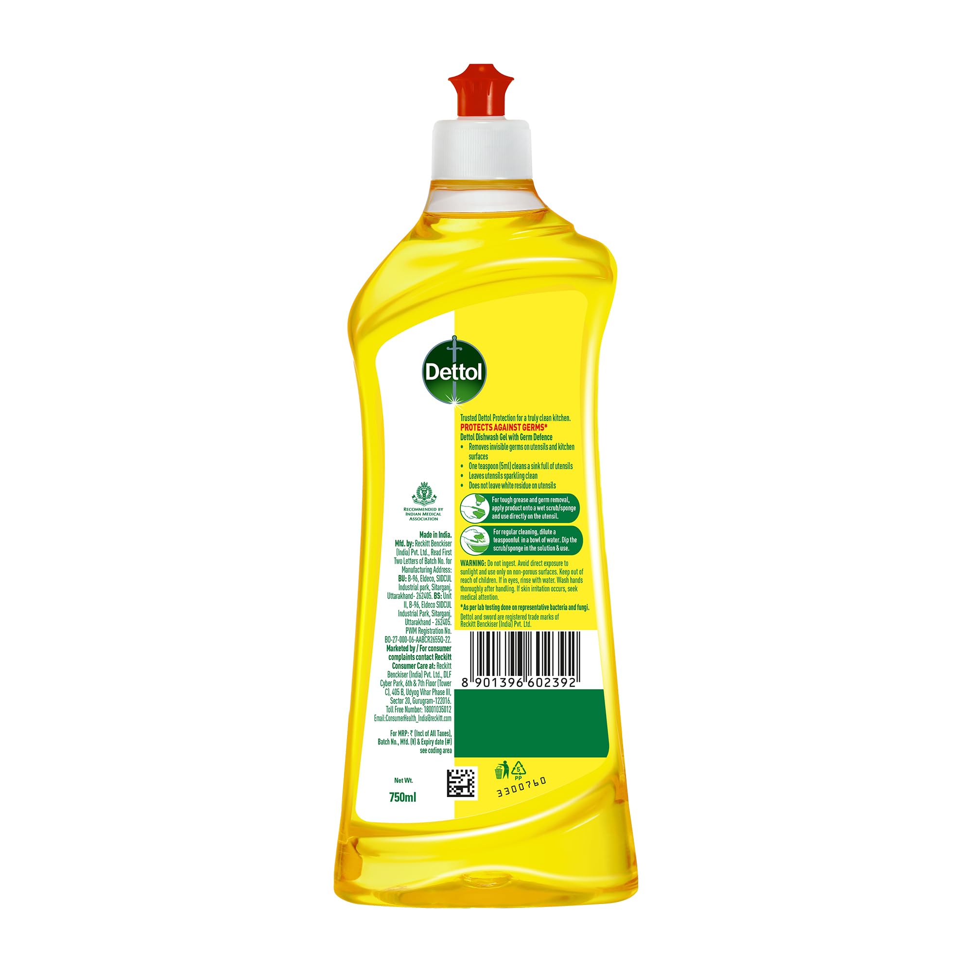 Dettol Lemon Fresh Dishwashing Liquid & Cleaning Gel - 750ml Bottle | Cuts Tough Grease & Kills Germs | Perfect for Kitchen Cleaning, Dishwashing & Sanitizing Surfaces