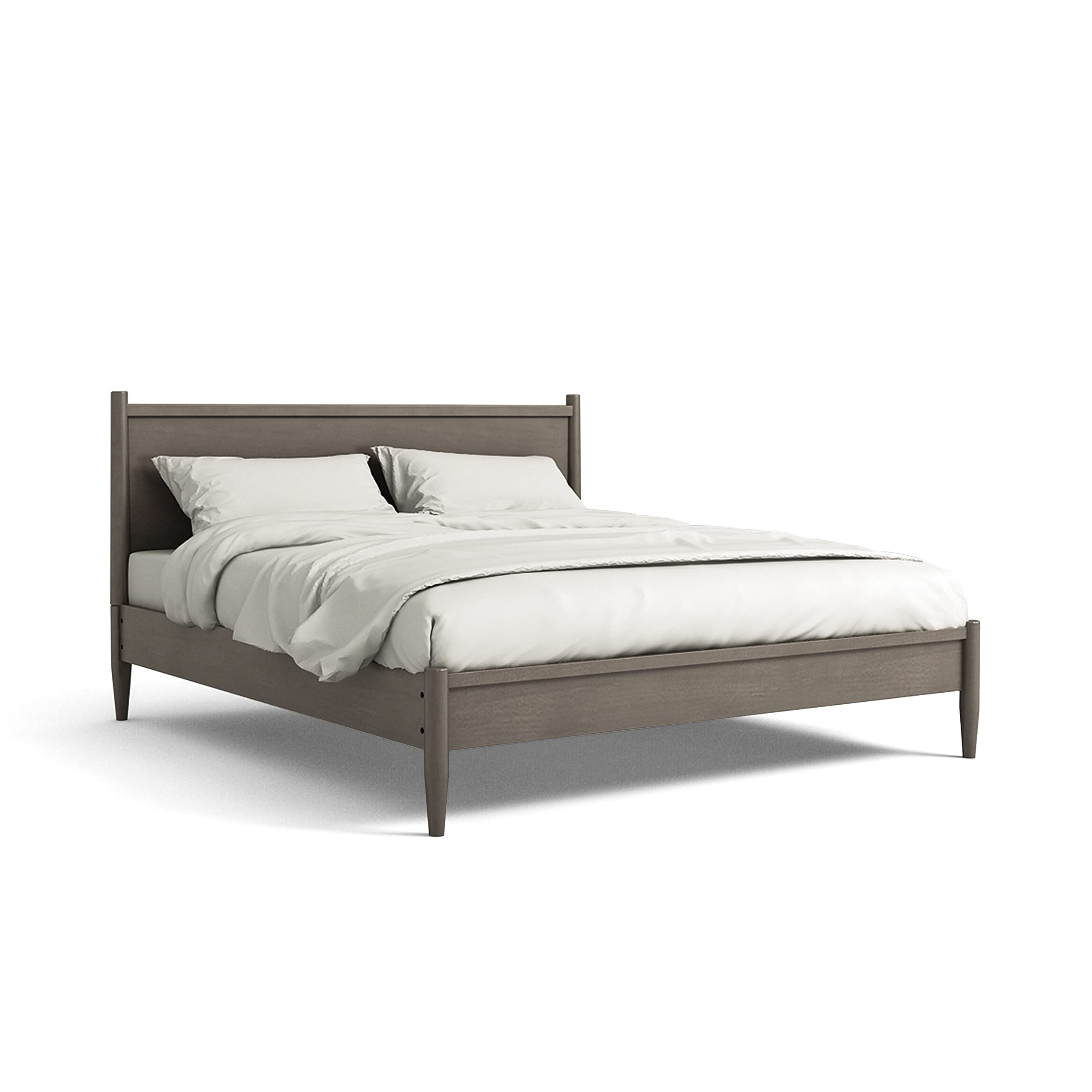 Queen-Size Mid-Century Modern Wood Paneled Platform Bed Frame - Grey Wooden Bed with Storage Space | Perfect for Contemporary Bedrooms, Guest Rooms & Small Apartments