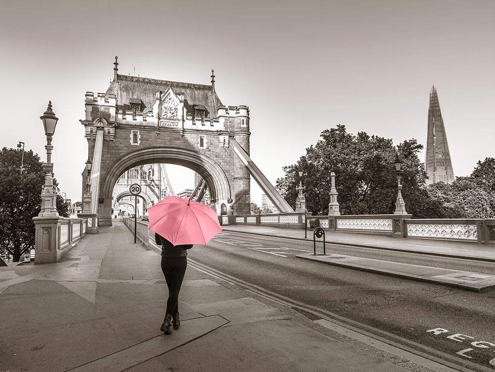 Lady with a Pink Umbrella at Tower Bridge London - 24x18 Inch Wall Art Photo Print - Vintage Travel Poster - Perfect for Home Decor, Office & Gift