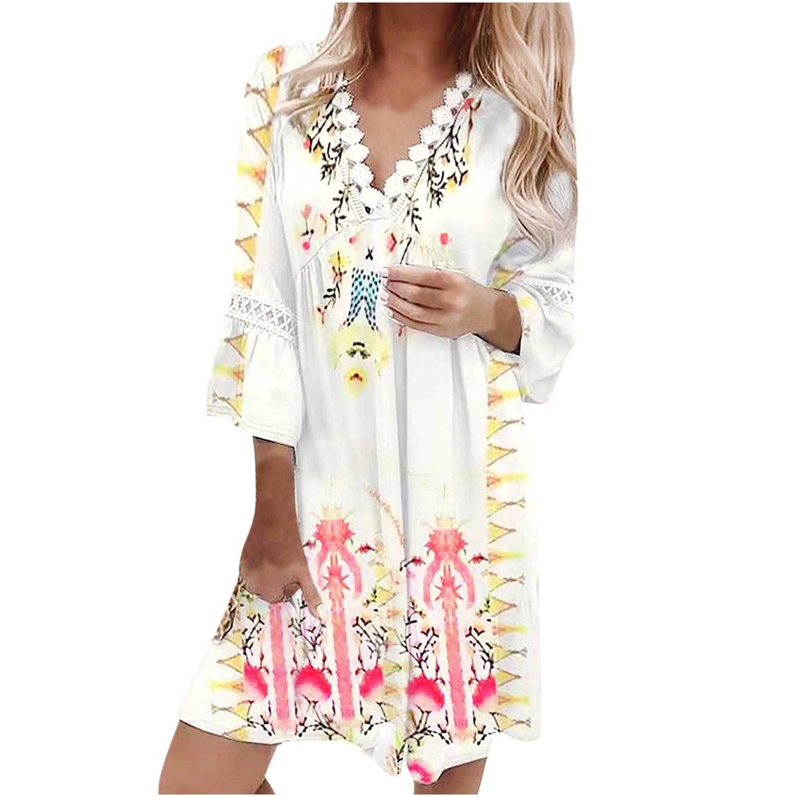 Women's Casual Summer Dress 3/4 Sleeve Lace Trim V-Neck Boho Swing Tunic Midi Dress with Paisley Print - Perfect for Beach Parties, Vacations & Summer Outings