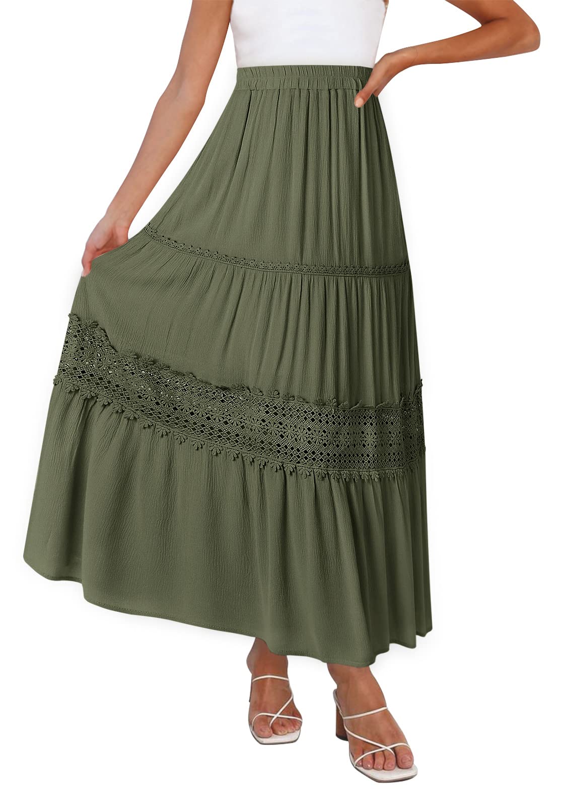 MEROKEETY Women's Boho Elastic High Waist Pleated A-line Ruffle Lace Trim Tiered Midi Maxi Skirt with Pockets - Perfect for Casual Outings, Beach Vacations & Summer Festivals