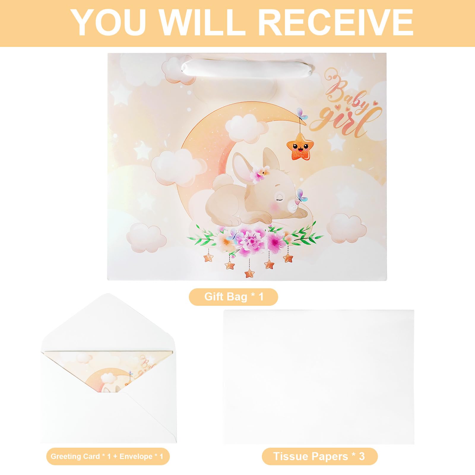 Baby Girl Gift Bag Set with Card & Tissue Paper - 12.6 Inch Party Favor Bags with Handles for Baby Showers, Birthdays, Newborn Celebrations & New Parents - Perfect for Gender Reveals, Christenings & Welcome Home Parties