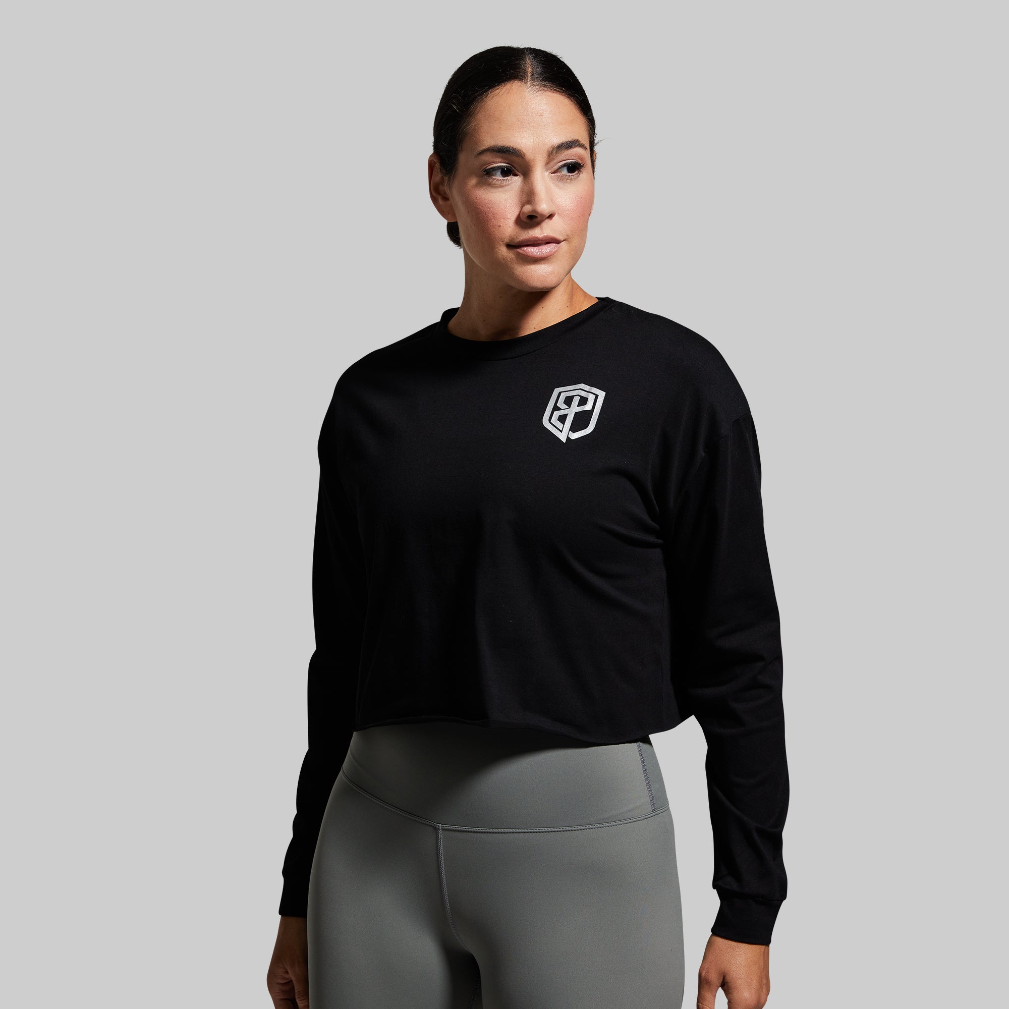 Women's Workout Training Crop Long Sleeve Shirt - Black - Yoga, Gym & Running Performance Top
