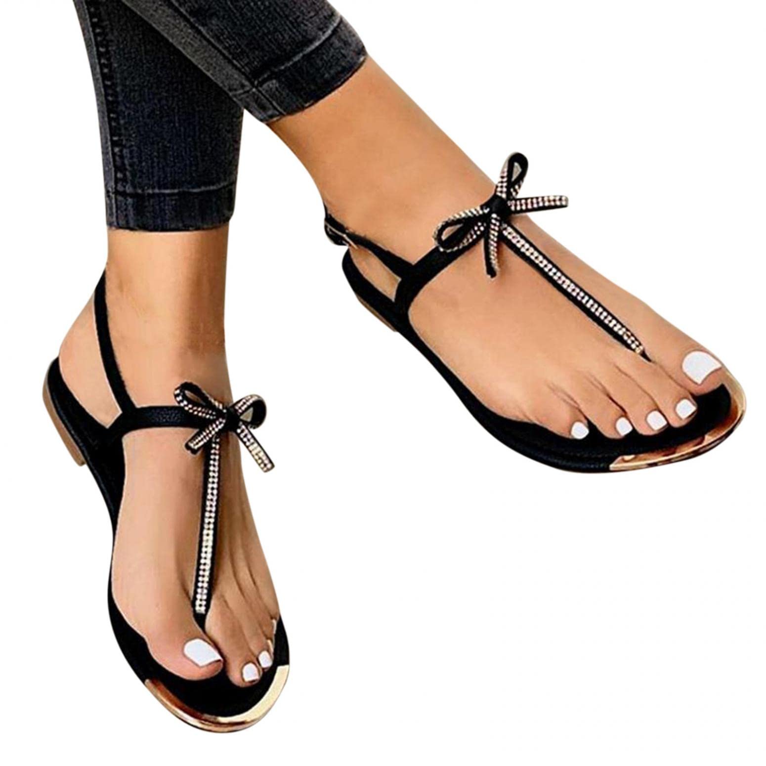 Gibobby Women's Casual Summer Sandals - Flat Crystal Dressy Comfortable Bowknot Strap Sandals for Beach, Vacation, and Everyday Wear