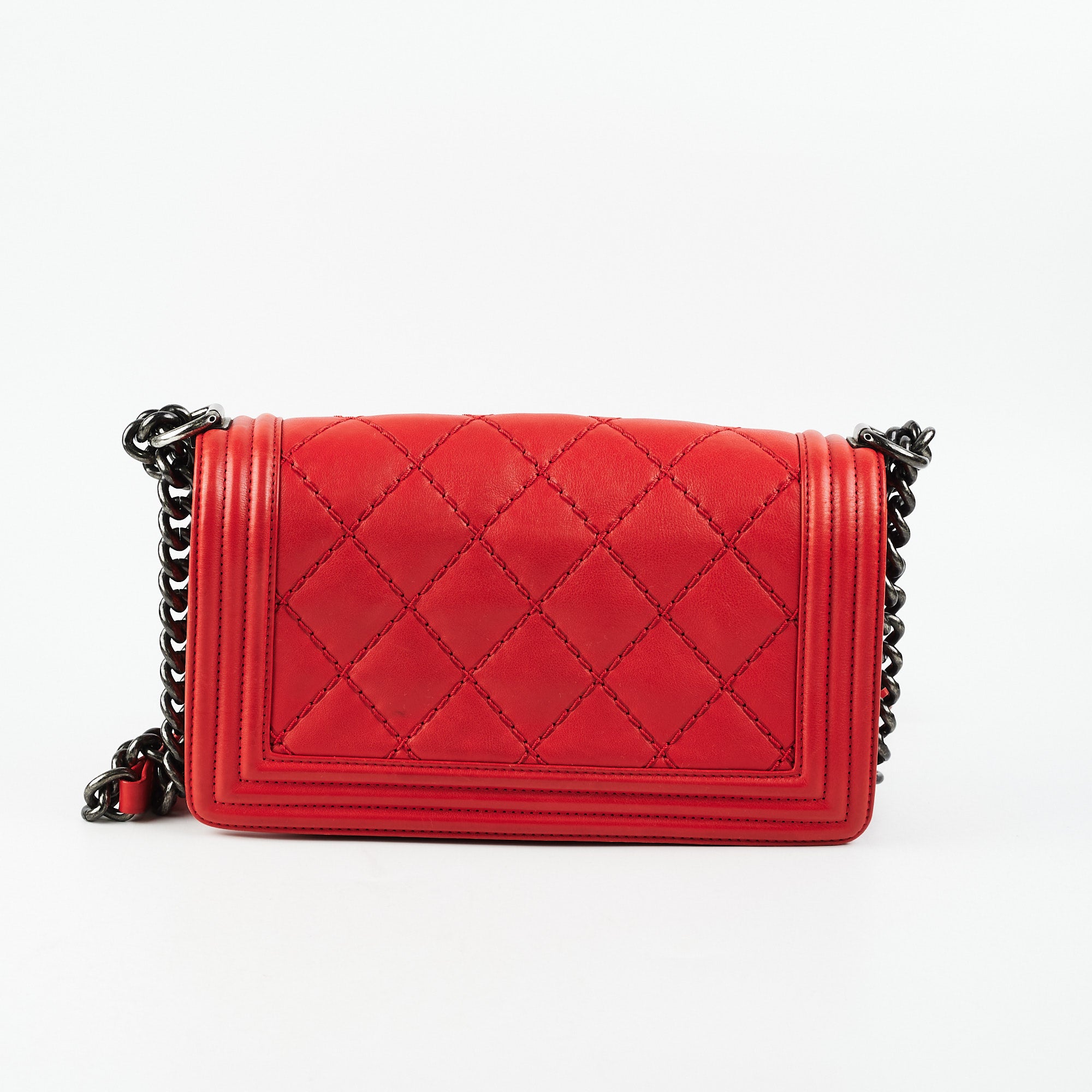 Chanel Boy Old Medium Red Leather Quilted Shoulder Bag - Luxury Designer Handbag for Women - Perfect for Parties, Dates & Special Occasions