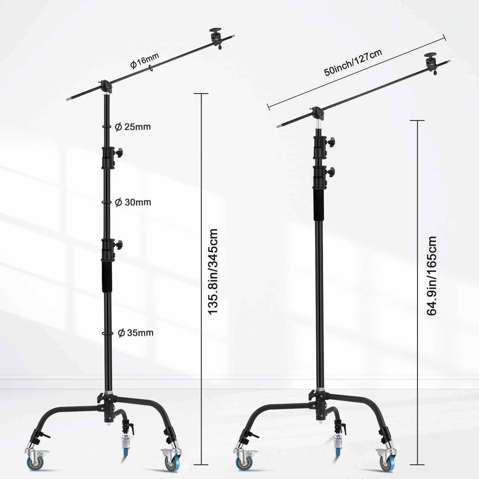 Heavy Duty C Stand 11.3ft/345cm All-Metal Adjustable Century Stand with 4.2ft/128cm Boom Arm & Wheels - Professional Photography Light Stand for Studio, Video Reflector, Umbrella, Softbox & Monolight - Perfect for Portrait, Product & Commercial Photography