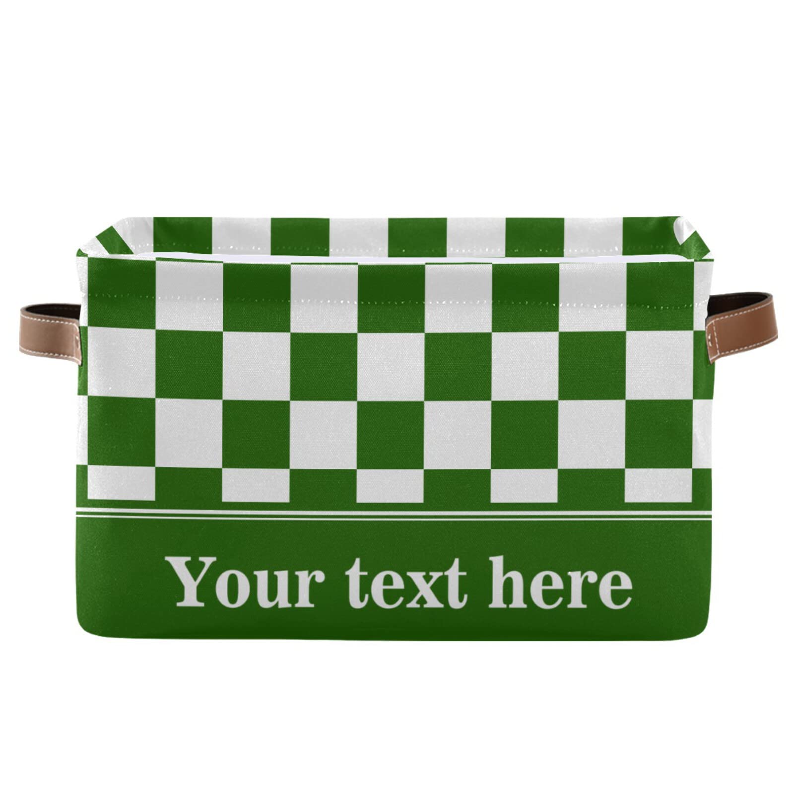 Checkerboard White Green Plaid Storage Basket - Collapsible Rectangular Bin with Leather Handles - Nursery, Closet & Home Organization - Perfect for Baby Clothes, Toys & Blanket Storage