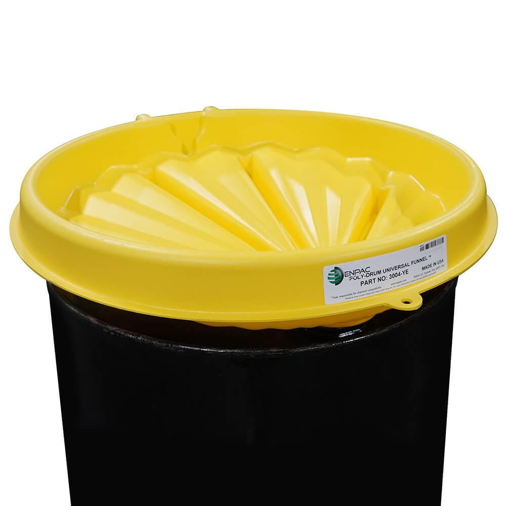 ENPAC Universal Poly Drum Funnel - Yellow Scalloped Design for Easy Installation | Wide Mouth Chemical Funnel for Industrial, Automotive & Home Use