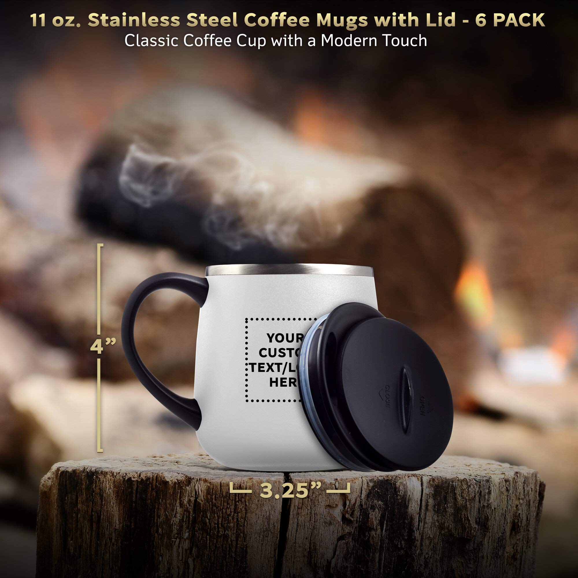Personalized 11 oz Stainless Steel Coffee Mugs with Lid - 6 Pack Custom Text & Logo - White - Perfect for Office Gifts, Corporate Events & Travel Commuter Cups