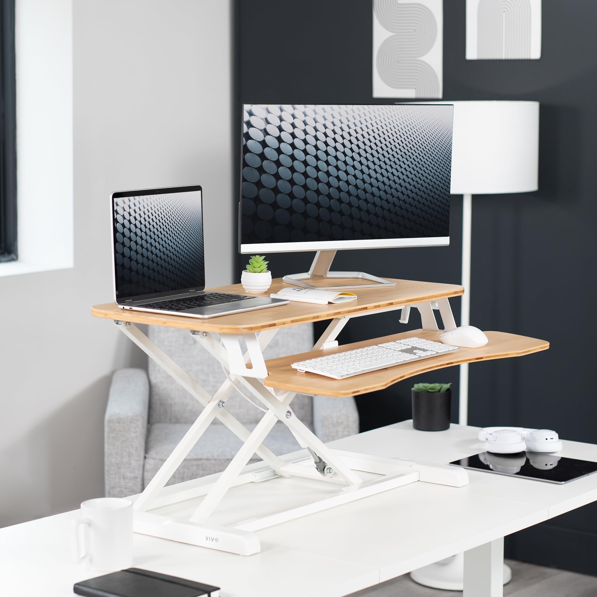 VIVO K Series 32 Inch Height Adjustable Sit to Stand Desk Converter - Dual Monitor & Laptop Workstation with Wide Bamboo Keyboard Tray, White Frame (DESK-V000KO) for Home Office, Gaming & Ergonomic Workspace Setup