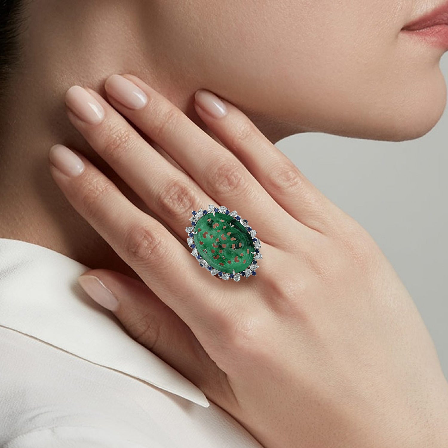 Exquisite Carved Jade & Rose Cut Diamond Prong Blue Sapphire Cocktail Ring in 14K White Gold | Elegant Jewelry for Weddings, Parties & Special Occasions
