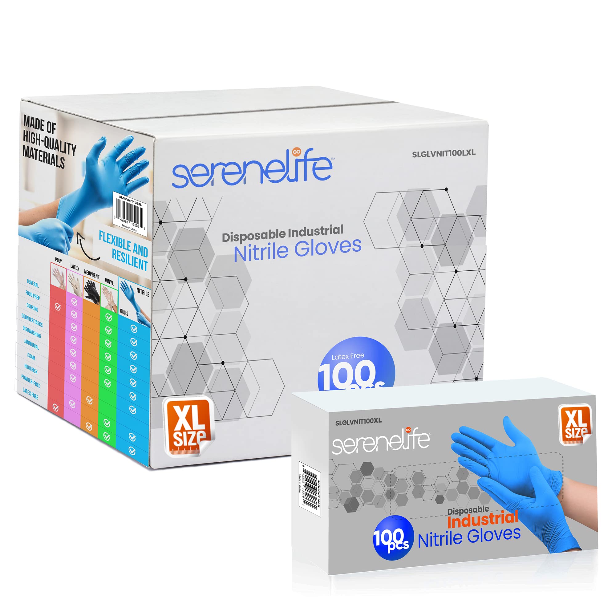SereneLife Extra Large Nitrile Disposable Gloves - Powder Free, Latex Free, Soft & Comfortable - 1000 Pack for Food Handling, Kitchen Use, Cleaning, Medical & Industrial Protection