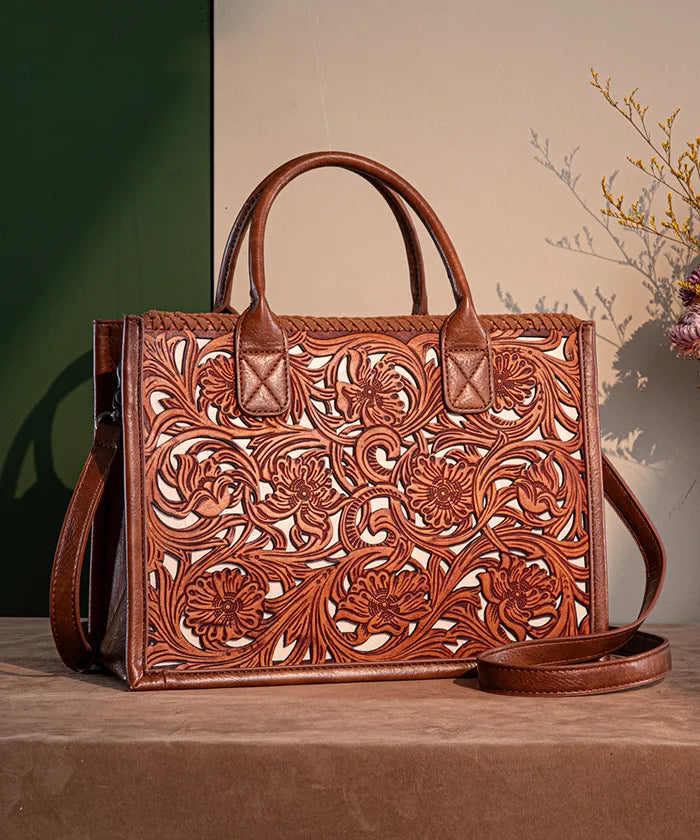 Trinity Ranch Floral Tooled Leather Tote Bag for Women - Western Style Handbag for Work, Travel & Shopping