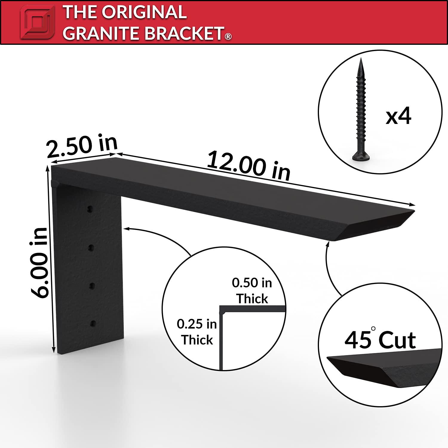 Original Granite Bracket - Heavy Duty 12x6 Aluminum Shelf Bracket for Floating Shelves & Wall Bookshelves | Easy Installation, Durable & Sturdy | Made in USA (1 Count) | Perfect for Home Office, Kitchen, Bathroom & Living Room Organization