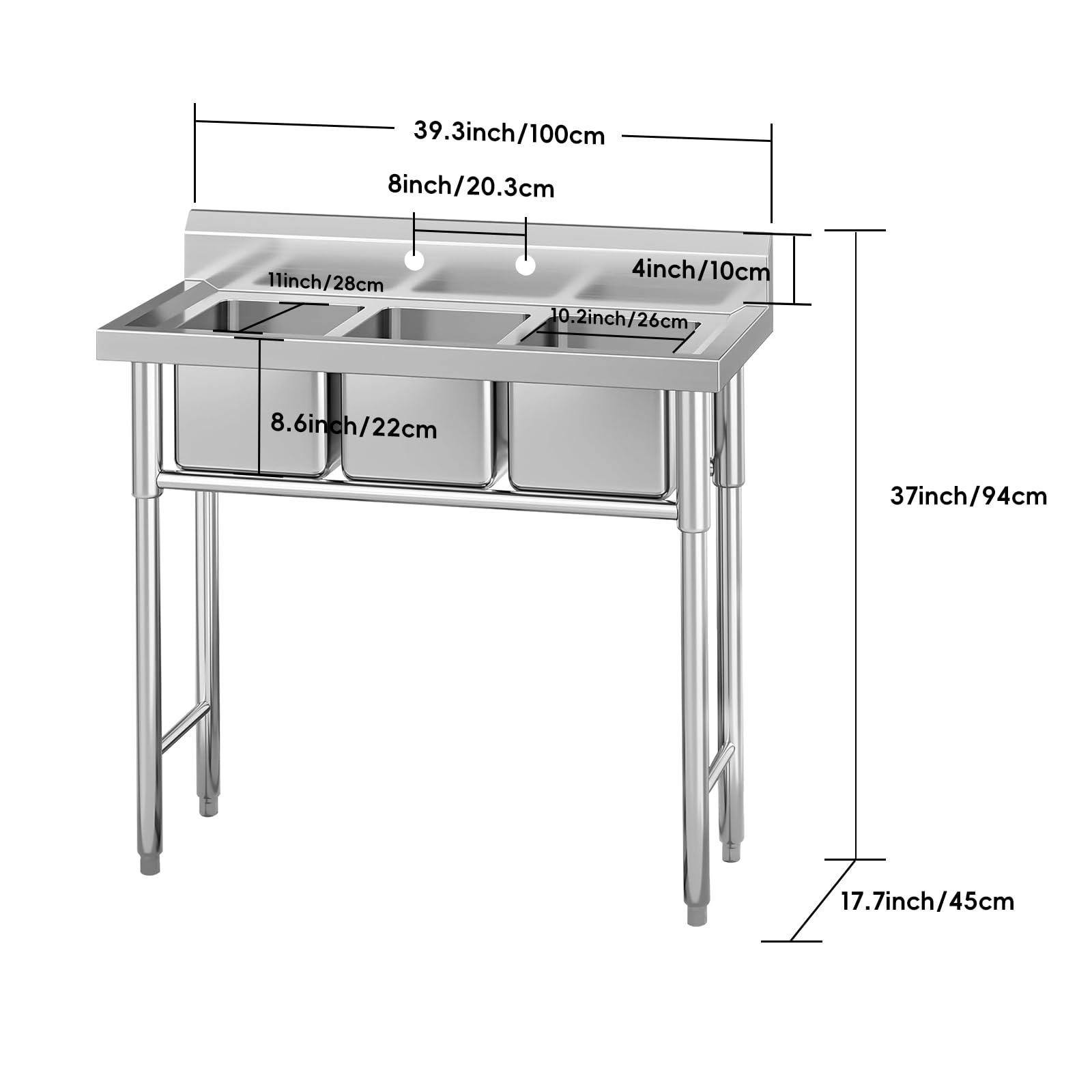 GARVEE 3-Compartment Stainless Steel Commercial Kitchen Sink - Heavy Duty Utility Prep Sink for Restaurants, Laundry, Garage & Workshop (39.3