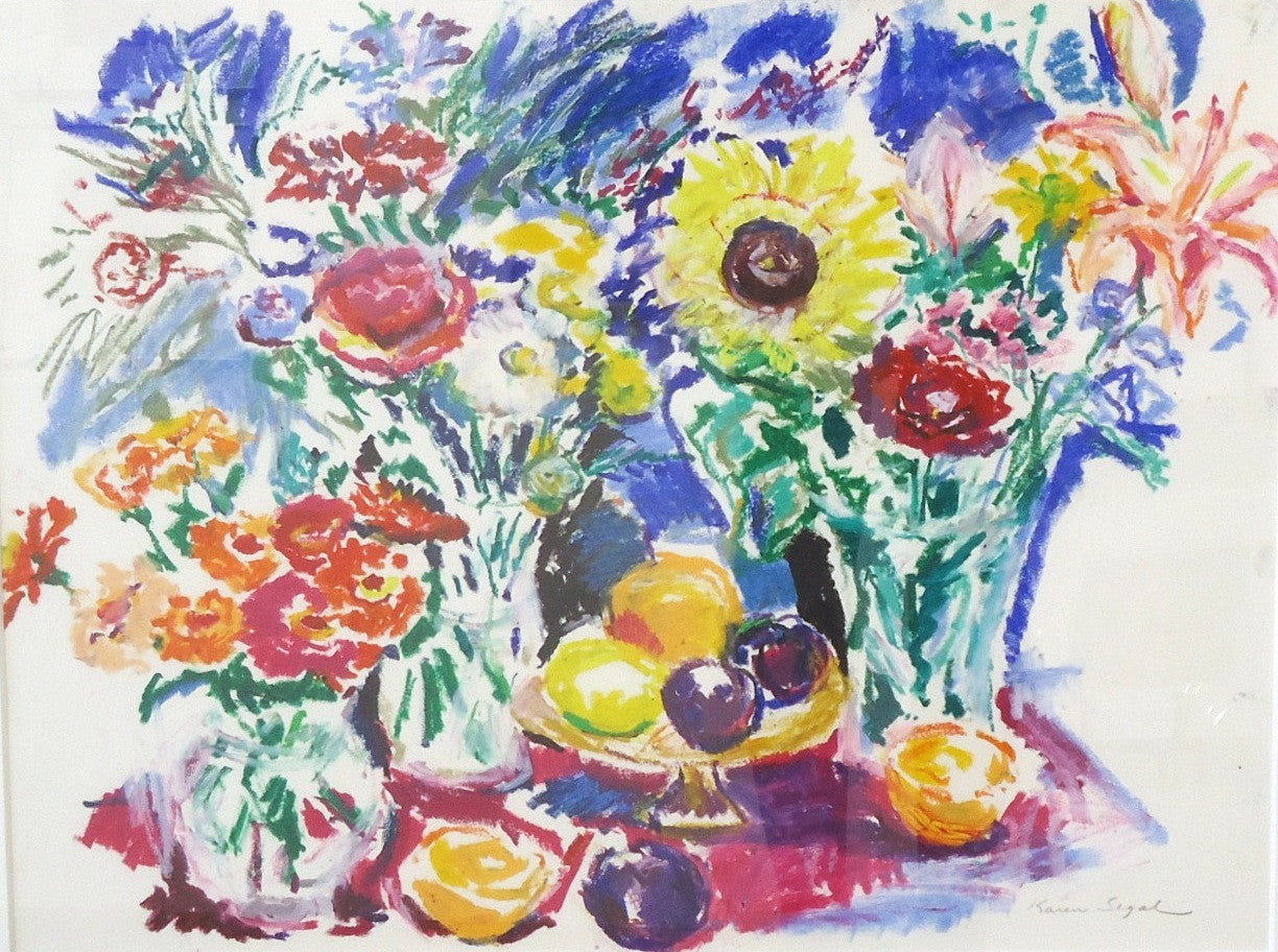Karen Segal Floral Art Print - Three Bouquets with Fruit Wall Decor for Living Room, Bedroom & Office | Vintage Still Life Painting Reproduction | Home & Office Decoration