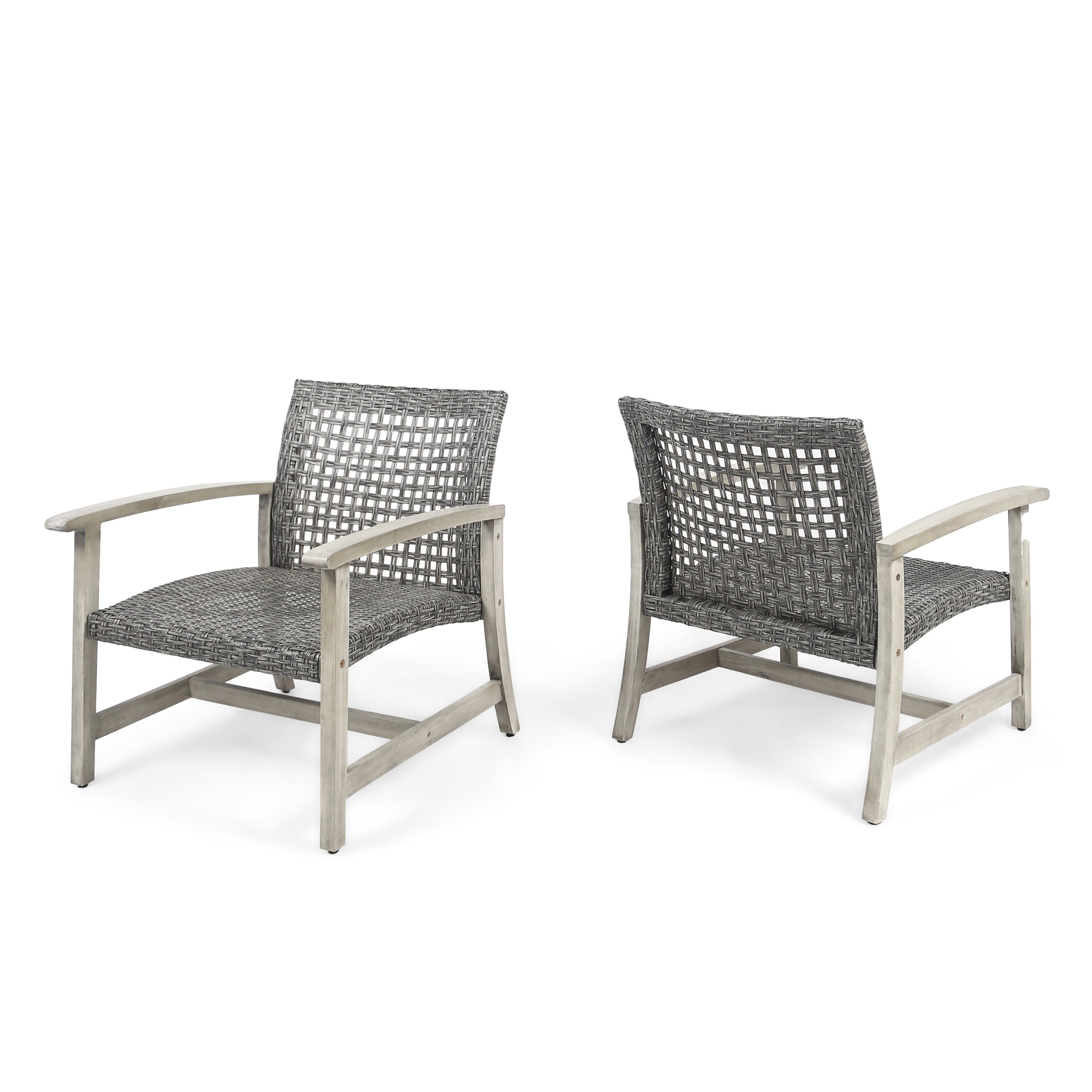 Premium Viola Outdoor Wood and Wicker Club Chairs Set of 2 - Gray Finish with Black Accents - Patio, Garden, Poolside, or Balcony Furniture for Relaxing Outdoors