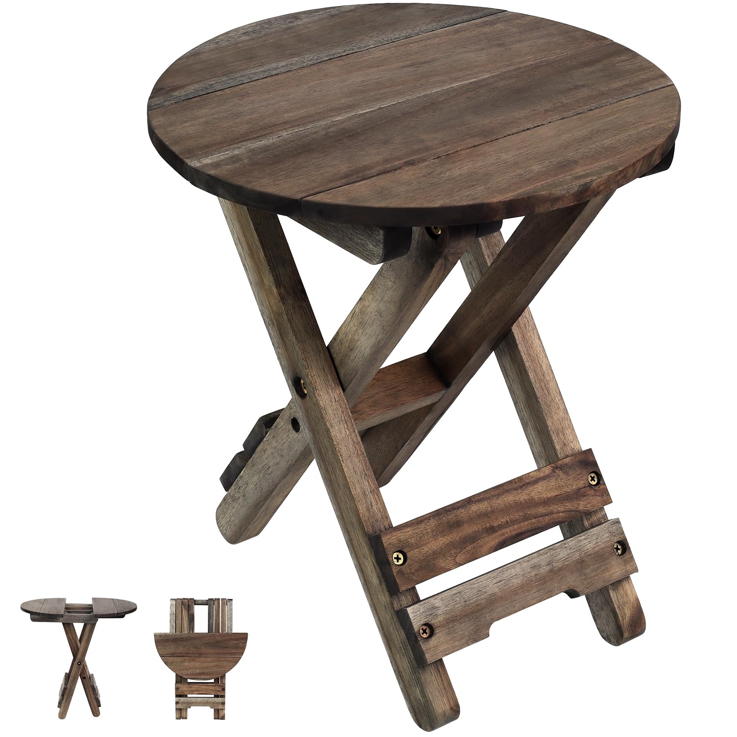 Small Patio Table - Outdoor Folding Side Table with Wood Table Top - Portable Accent Table for Living Room, Bedroom, Balcony & Garden - Round Walnut Coffee End Table (Set of 1) - Perfect for Outdoor Entertaining, Reading Nook & Small Space Decor