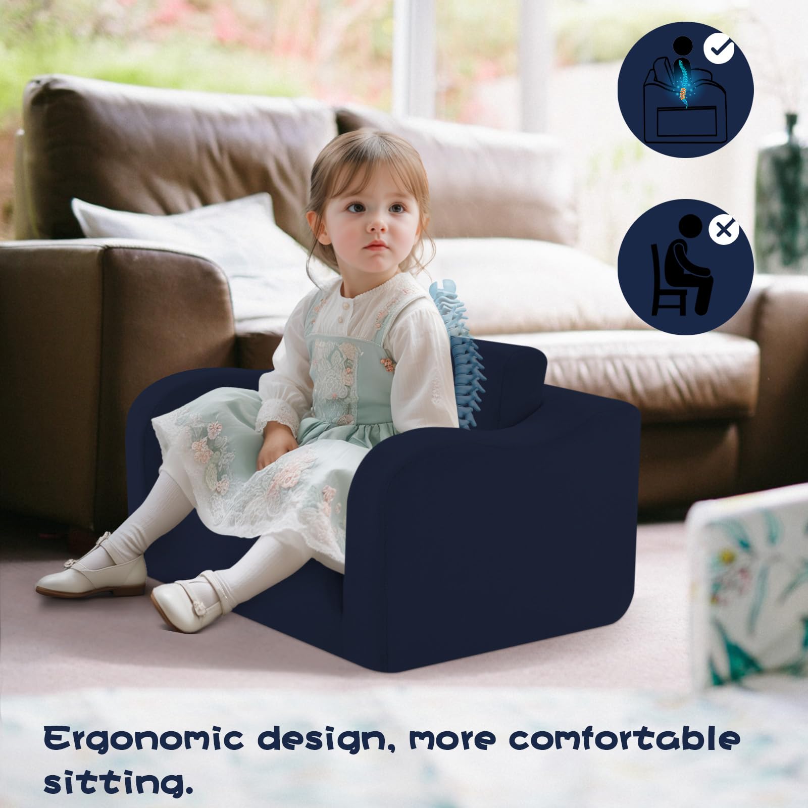 MeMoreCool Fold Out Kids Couch - Convertible Toddler Chair to Sofa Bed, Navy Blue Baby Lounge Chair for Boys & Girls Ages 1-4 | Playroom, Nursery & Travel Friendly Comfortable Foldable Furniture