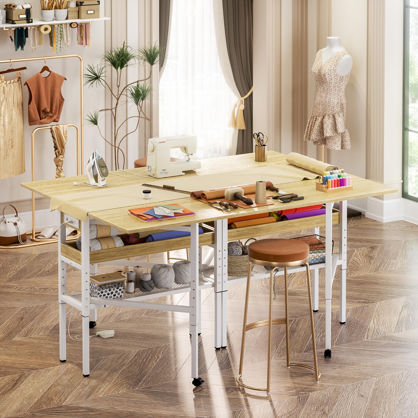 Adjustable Height Folding Sewing Table with USB Charging Station & Storage - 50