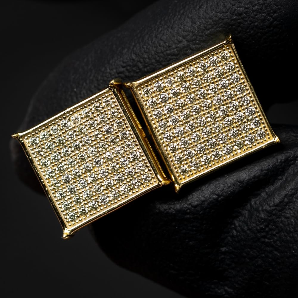 14K Yellow Gold Plated 925 Sterling Silver Men's Cubic Zirconia Stud Earrings - 14mm Big Square Flat Screen Iced Hip Hop Style - Hypoallergenic Screw Back for Sensitive Ears - Perfect for Gifts, Parties, and Everyday Wear