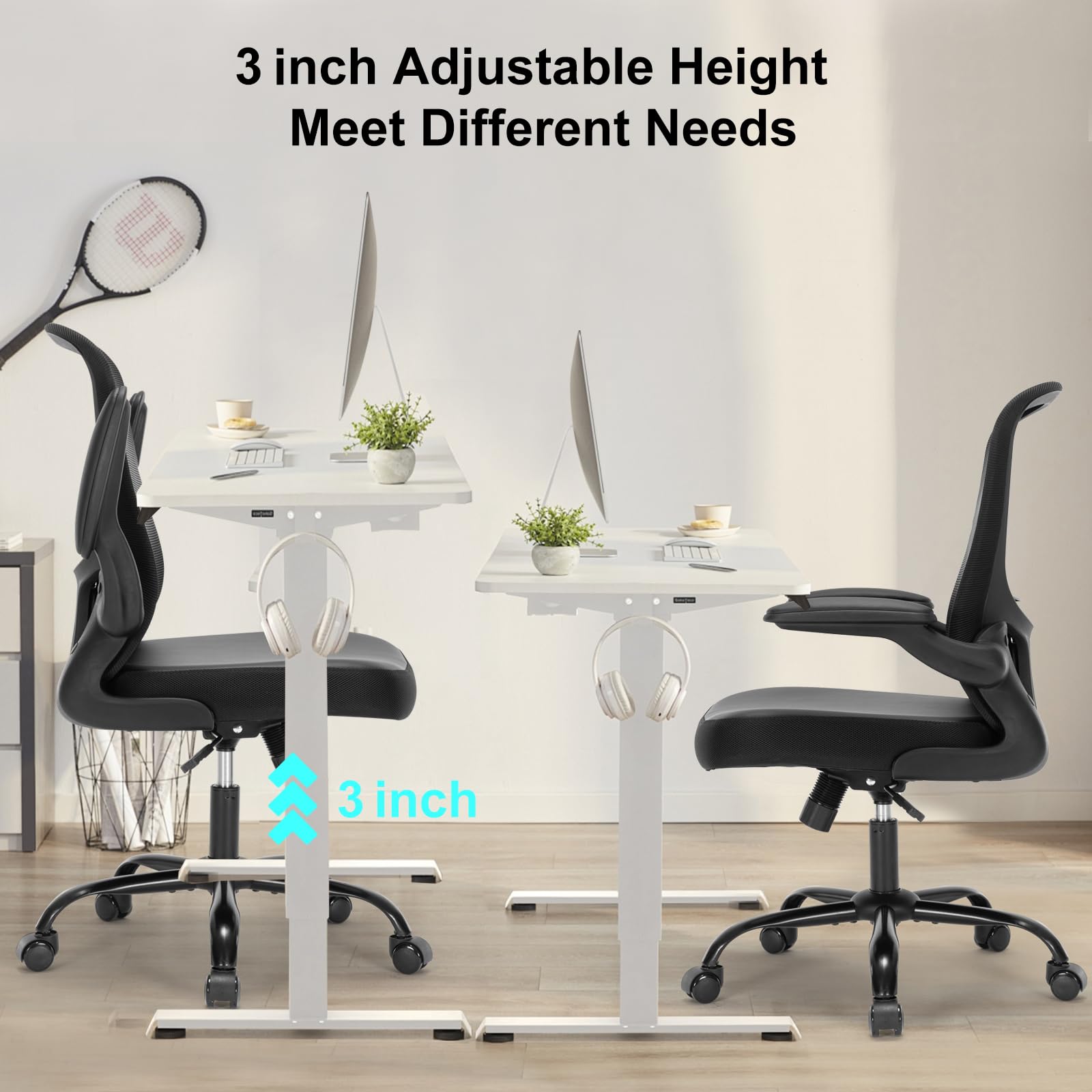 Ergonomic Office Chair with PU Leather Cushion, Adjustable Lumbar Support & Flip-Up Arms - Comfortable Computer Desk Chair for Home Office, Gaming & Workspace