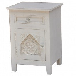 Hand Carved Solid Wood French Style White Nightstand - Elegant Bedside Table for Bedroom Decor & Storage