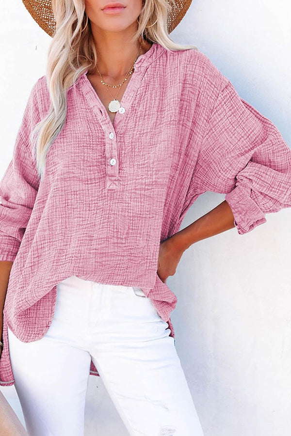Elegant Solid Color Long Sleeve Pleated Button Loose Blouse for Women | Casual Office Wear & Spring Outfits