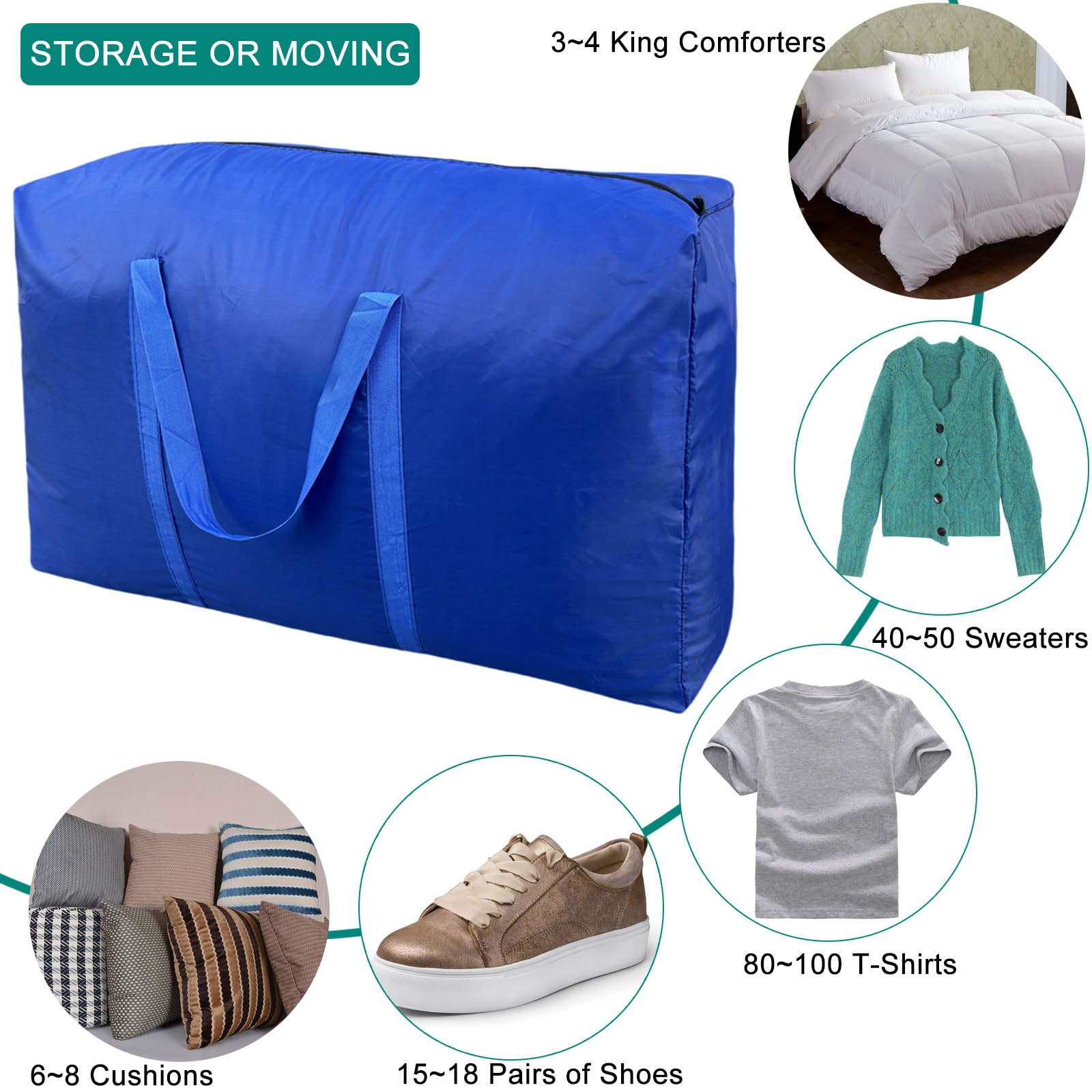 100L Extra Large Storage Bags - Heavy Duty Moving Bags with Reinforced Zippers & Comfortable Handles | Space Saving Packing Solution for Moving, Home Organization, Travel & Camping | Perfect for Clothes, Blankets & Seasonal Items Storage (Blue, 2 Pack)