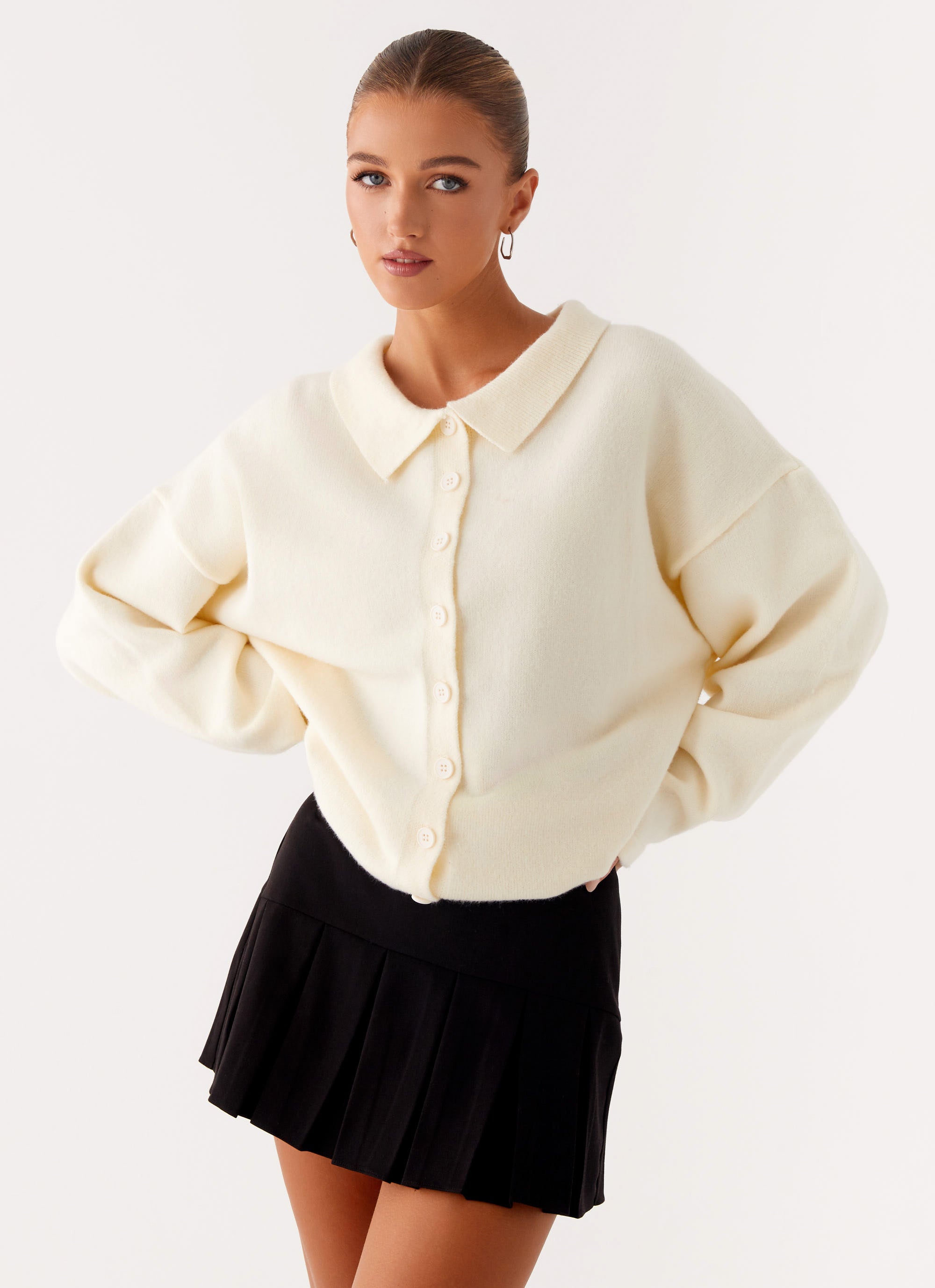Dorian Button Knit Sweater Women's Ivory Pullover - Cozy Winter Cardigan for Casual Outfits & Office Wear