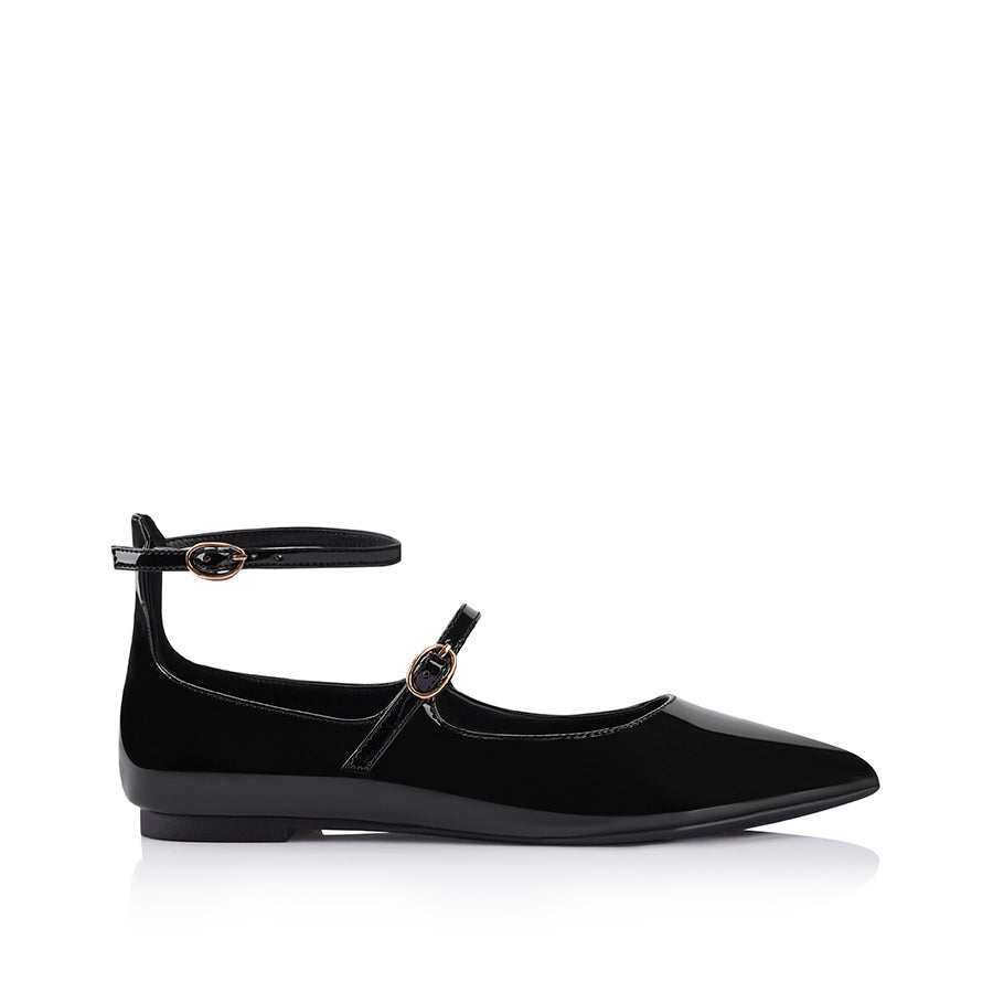 Issie Buckle Flats - Black Patent Leather Women's Shoes for Work, Office & Casual Wear