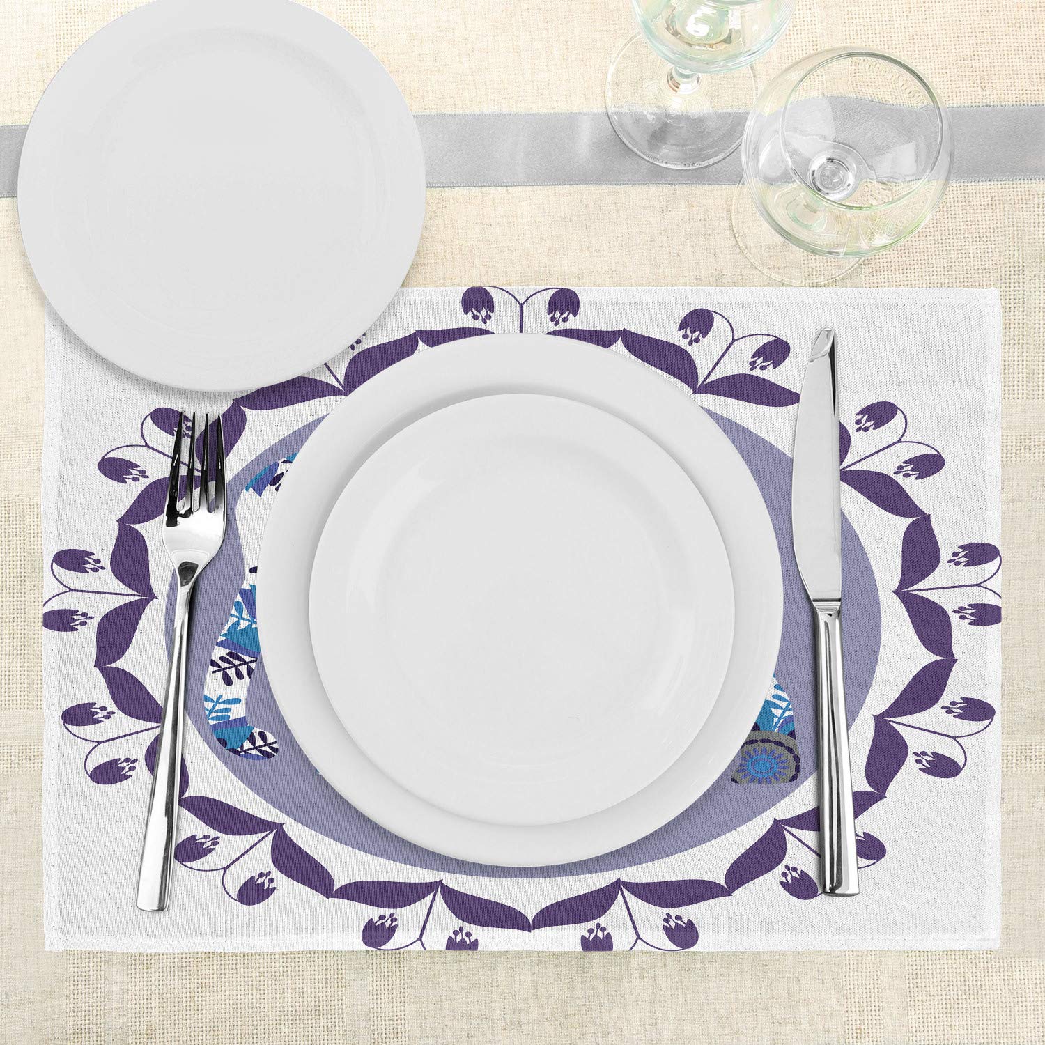 Ambesonne Floral Placemats Set of 4 - Elephant & Tulip Flower Pattern Round Washable Fabric Dining Table Mats, Standard Size in White Lilac & Blue - Perfect for Home Decor, Dinner Parties & Everyday Use