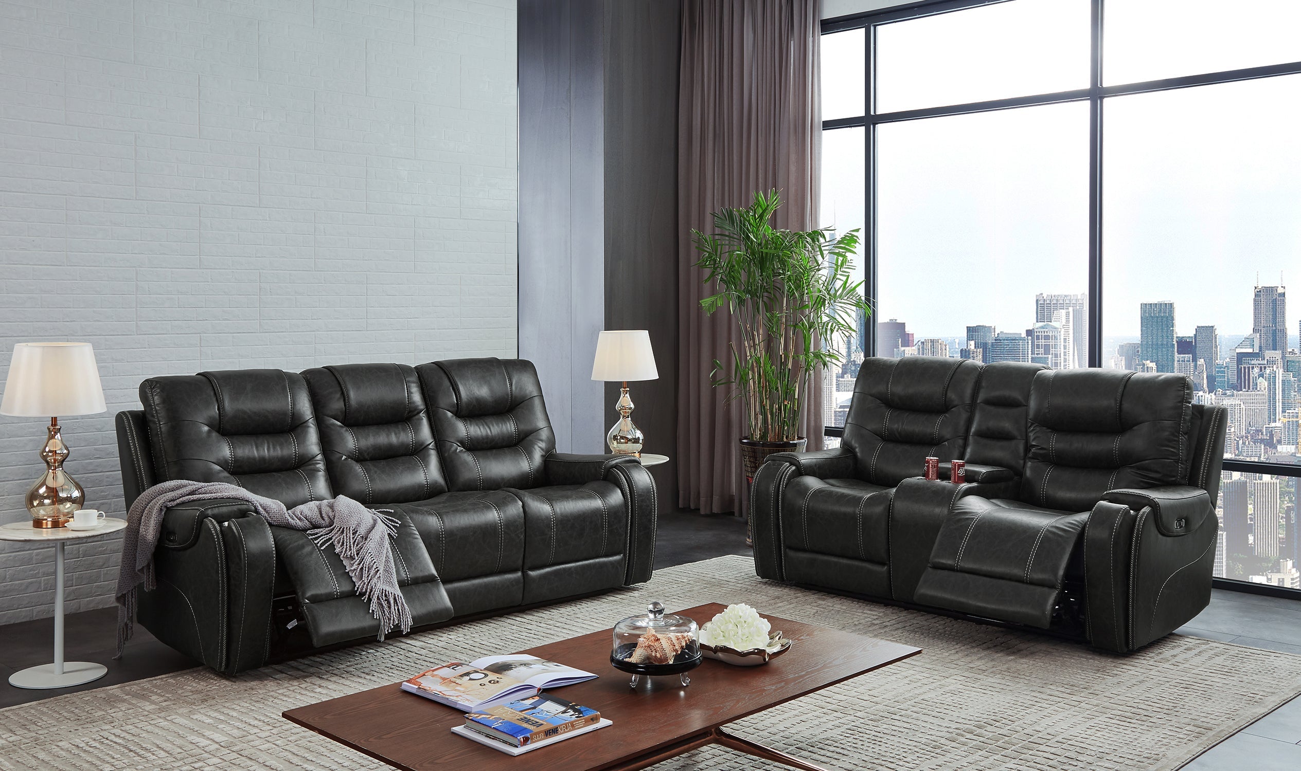 Rowena Modern Faux Leather Recliner Sofa Set - Smoke Gray - Comfortable Reclining Living Room Furniture for Home Theater & Family Relaxation