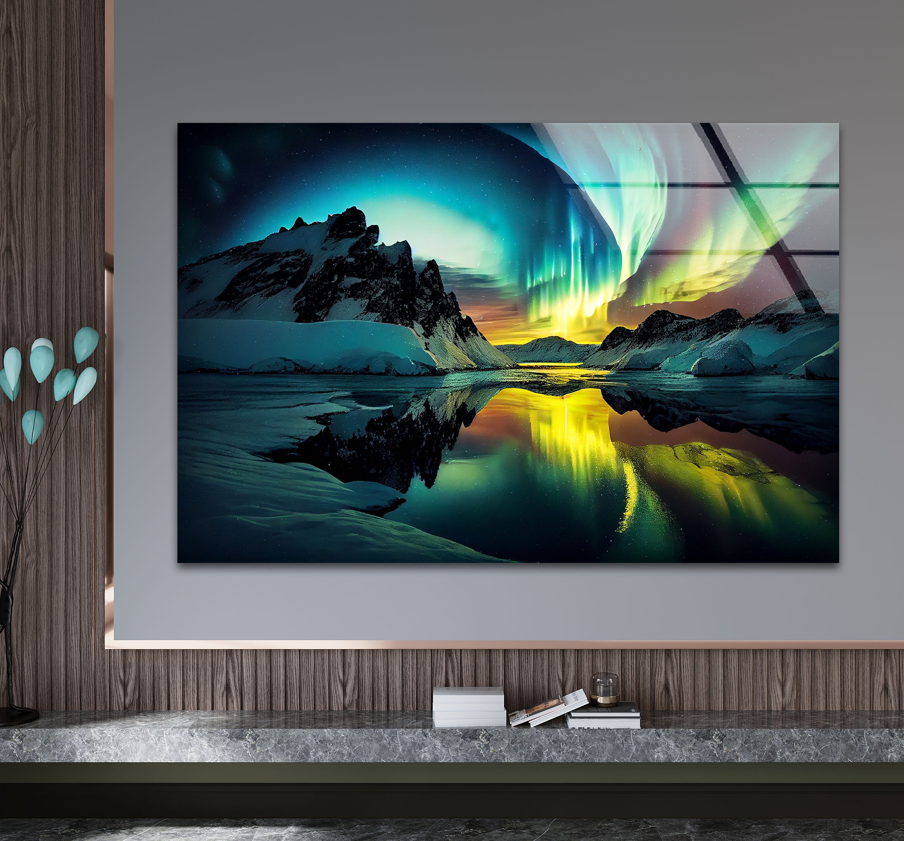 Aurora Borealis Glass Wall Art – Stunning Northern Lights Over Arctic Mountains – Perfect for Living Room, Bedroom & Office Decor