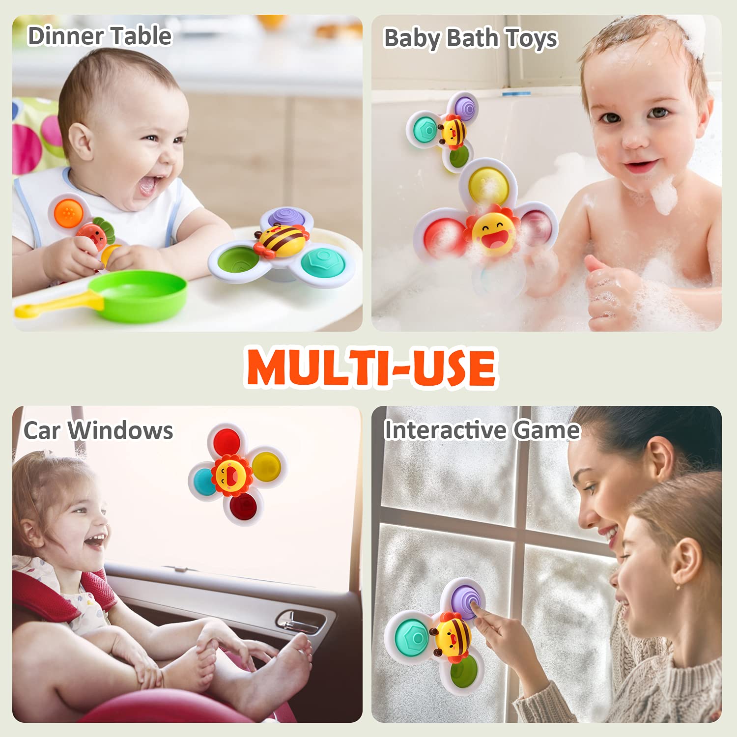 Baby Suction Cup Spinner Toy - 3pc Fidget Sensory Toy for Toddlers 1-3, Bath & Birthday Gift for Boys Girls