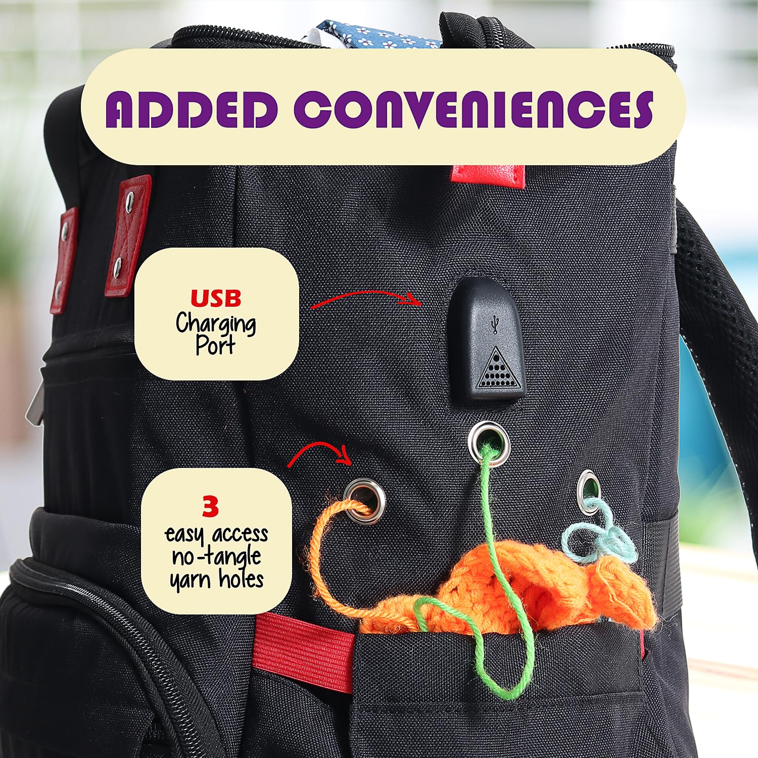 Hearth & Harbor Crochet Backpack - Canvas Knitting Bag & Yarn Organizer with USB Charging Port | Perfect for Crochet Supplies Storage, Travel Knitting Projects & On-the-Go Crafting