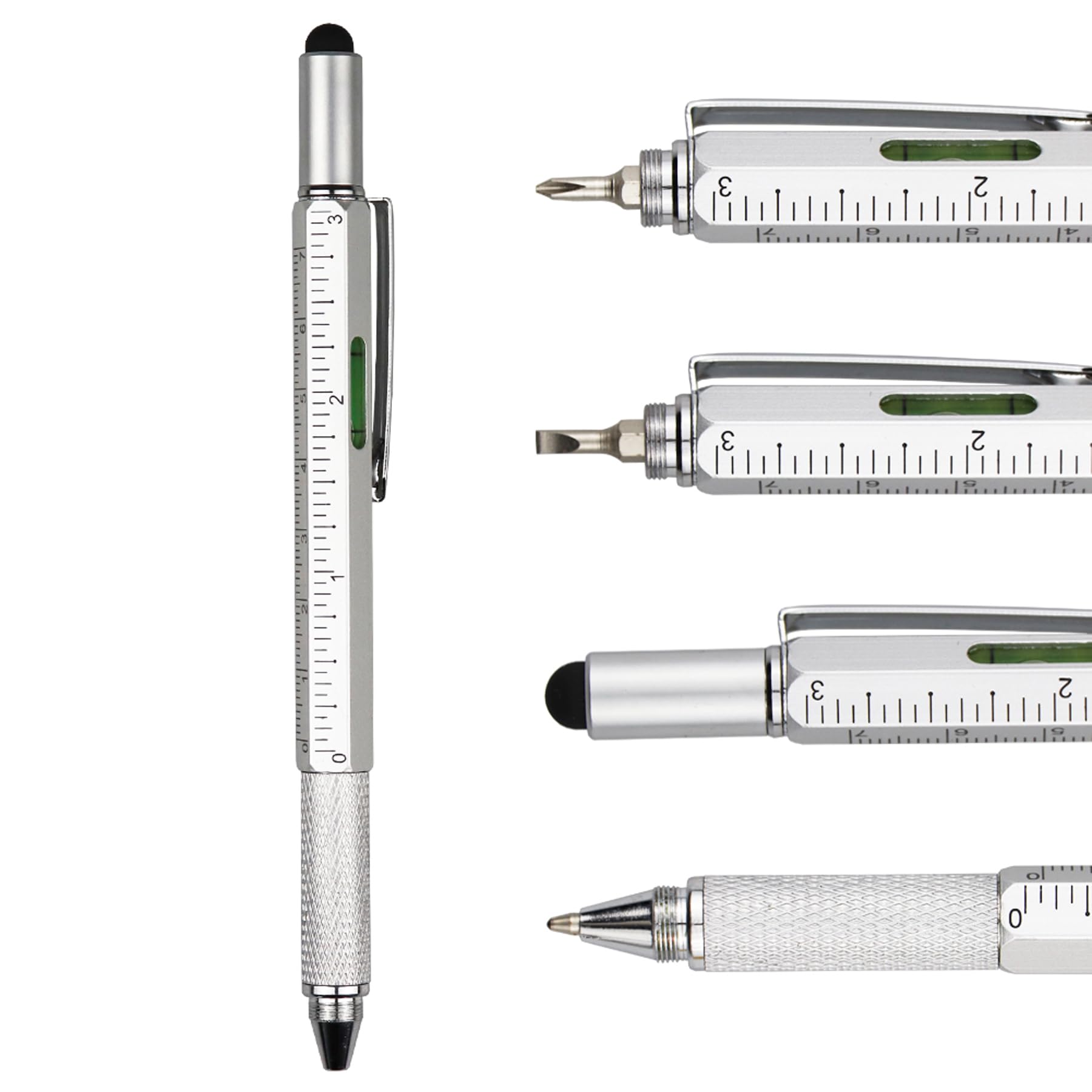 DUNBONG 6-in-1 Multi-Tool Pen with Screwdriver, Ballpoint Pen, Stylus, Level & Ruler - Silver (1 Count) - Perfect for DIY, Office Work, Camping & Everyday Carry