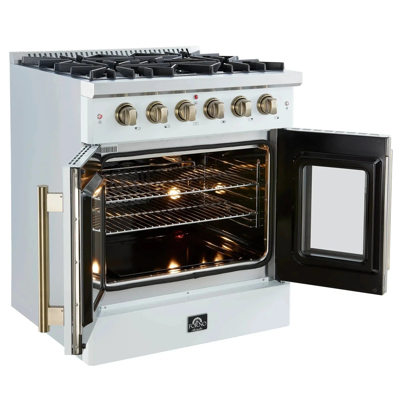 Forno Galiano 30-Inch Freestanding All Gas Range with French Doors - White Finish & Antique Brass Trim (Model FFSGS6444 30WHT) | Perfect for Modern Kitchens, Home Chefs & Gourmet Cooking