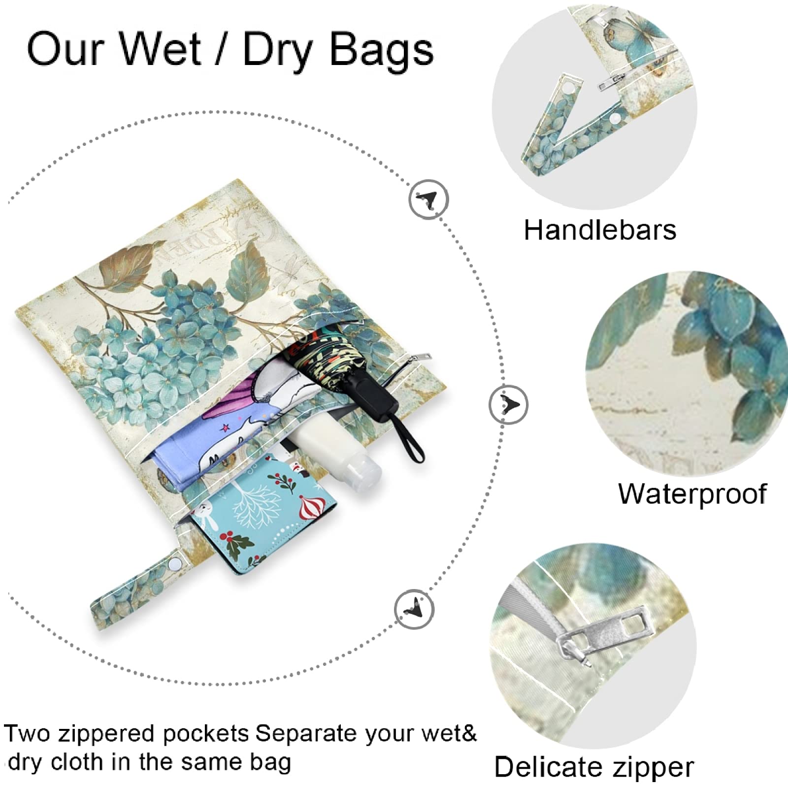 Visesunny Blue Butterfly Flower 2Pcs Wet Bags - Waterproof Zippered Pockets, Washable & Reusable for Travel, Beach, Pool, Daycare | Perfect for Stroller, Diapers, Gym Clothes, Swimsuits & Toiletries Storage | Compact & Spacious Wet Dry Bag Organizer