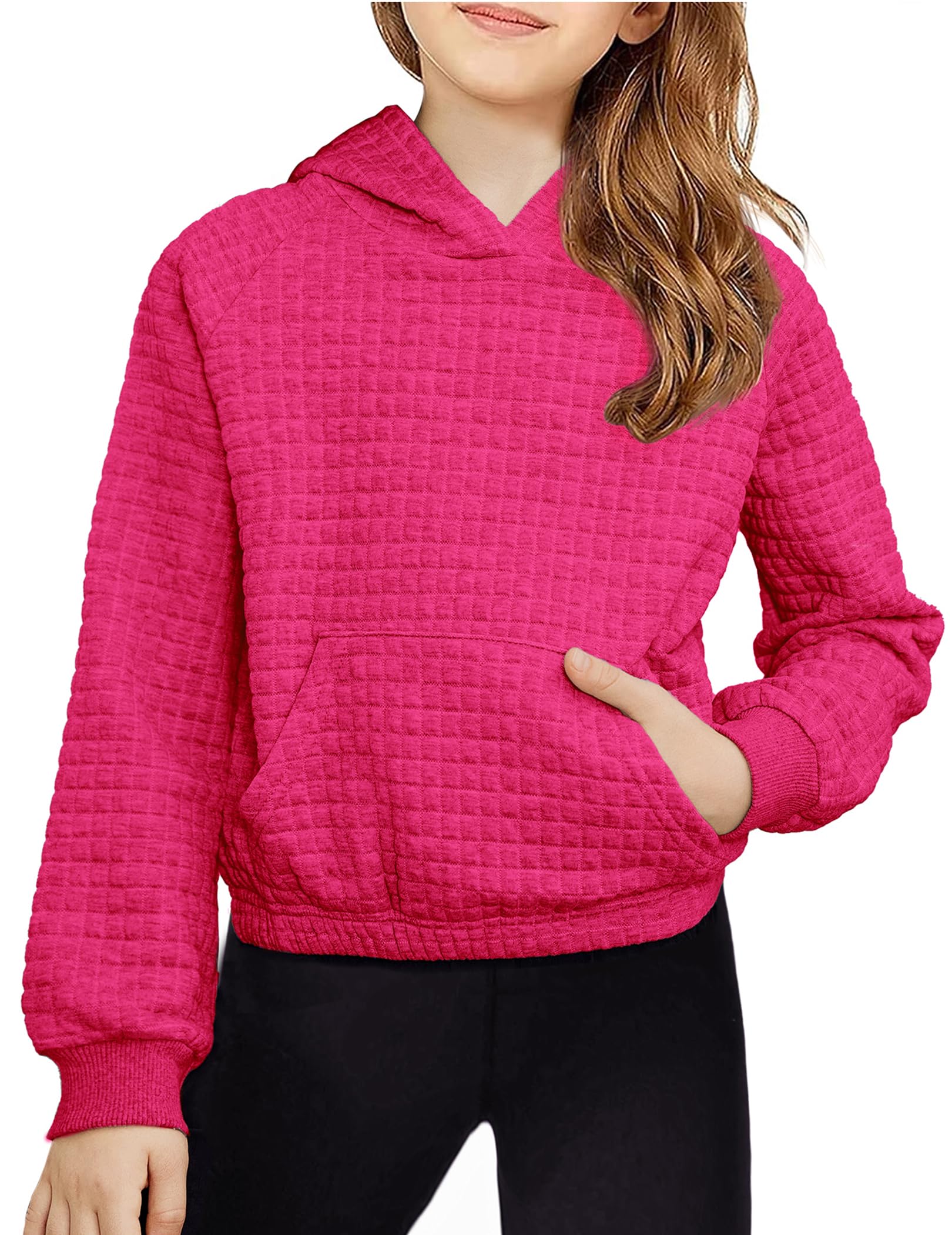 Arshiner Girls Waffle Cropped Hoodie - Casual Long Sleeve Pullover Sweatshirt for Kids | Perfect for School, Playdates & Fall Outfits