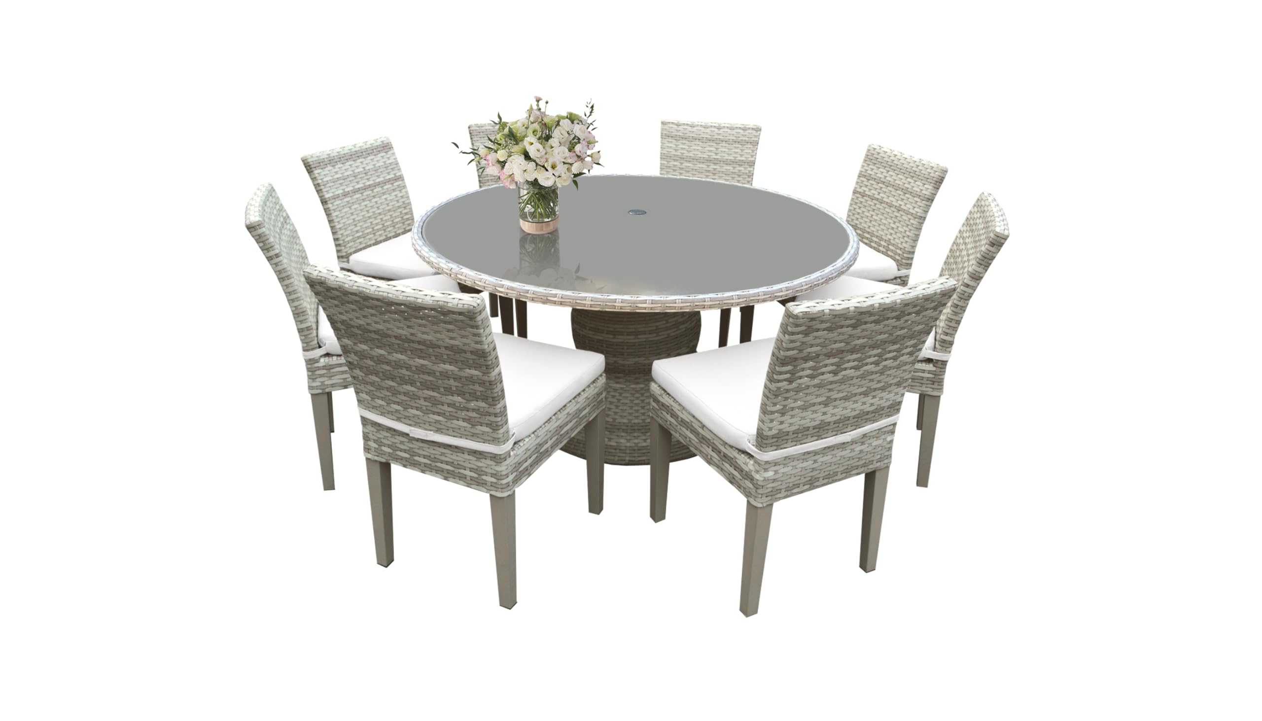TK Classics Fairmont 9-Piece Round Outdoor Patio Wicker Dining Set with Cushions in White - Perfect for Backyard, Garden, Poolside & Outdoor Entertaining
