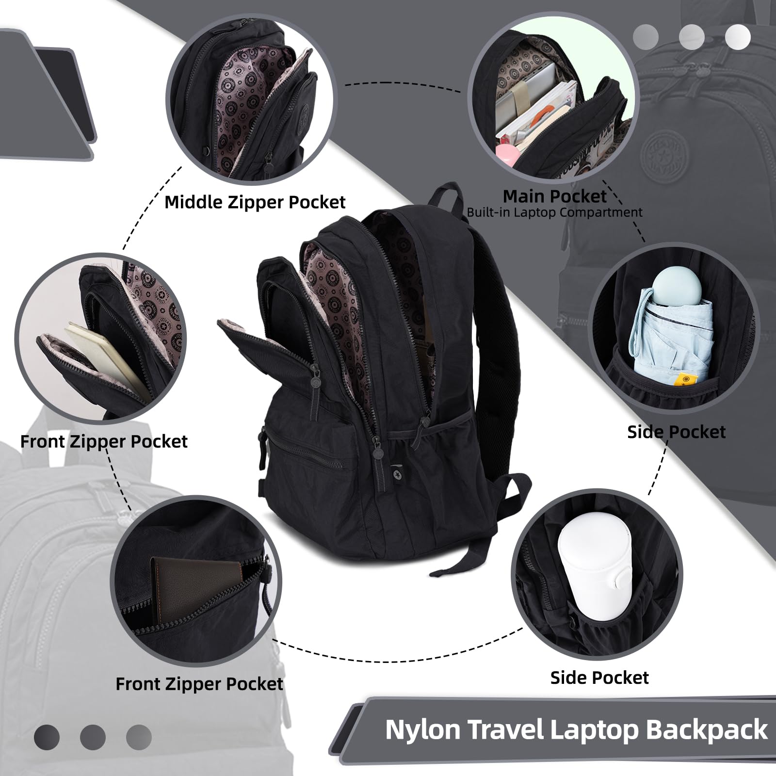 28L Lightweight Nylon Travel Laptop Backpack for Men & Women - Durable Computer Work Backpack, Casual Daypack for Hiking, Cycling, Commuting, School & Office - Fits 15.6 Inch Laptop - Black
