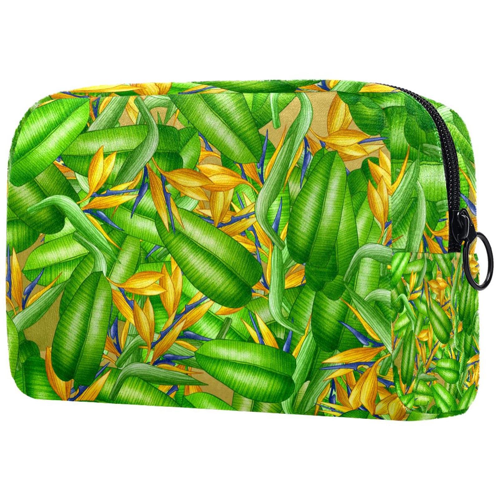 Women's Small Makeup Bag - Travel Cosmetic Organizer with Tropical Palm Leaf Floral Print - Perfect for Travel, Gym & Daily Essentials Storage
