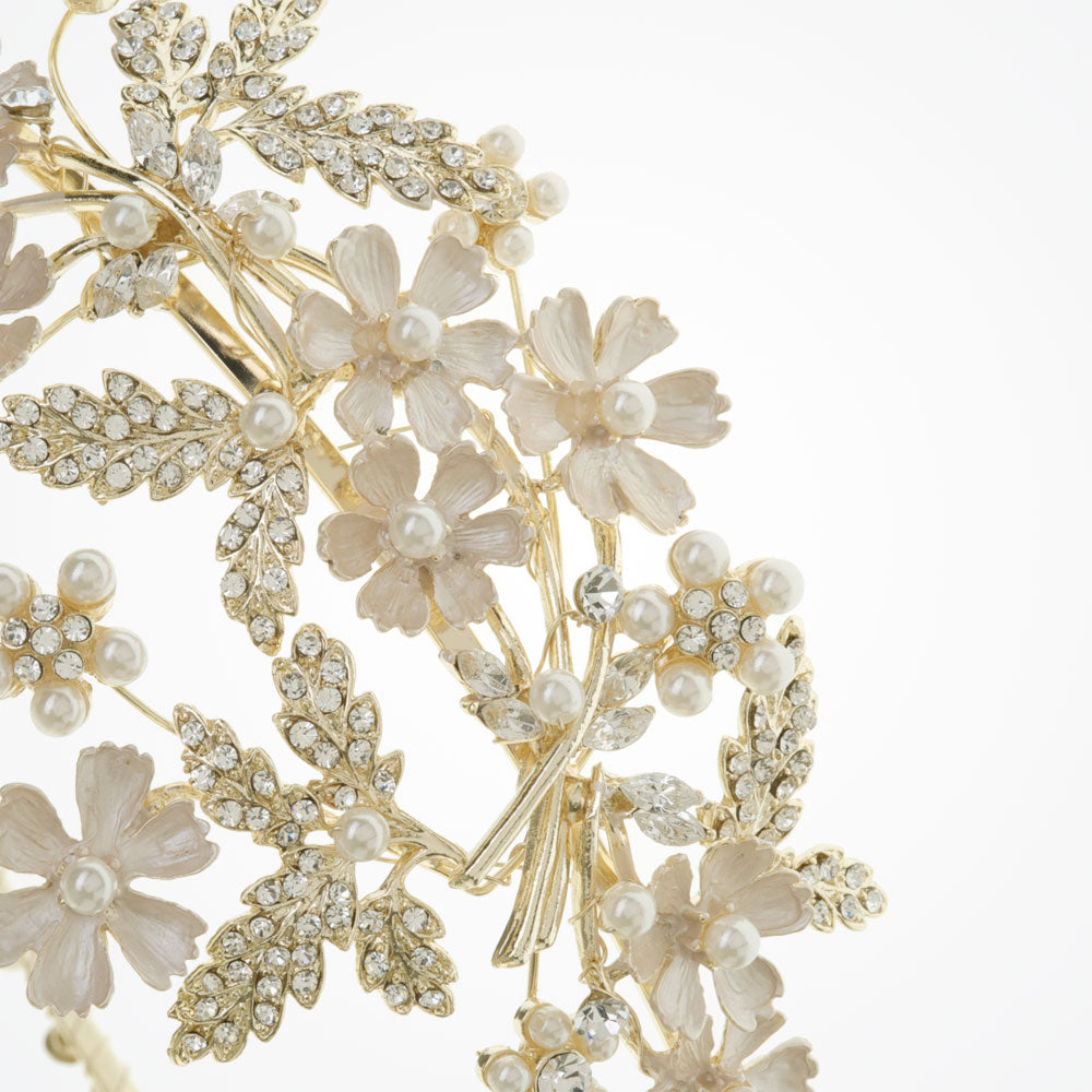 Exquisite Mimosa Golden Enamel Pearl & Crystal Blossom Headpiece - Elegant Bridal Hair Accessory for Weddings, Prom & Special Occasions