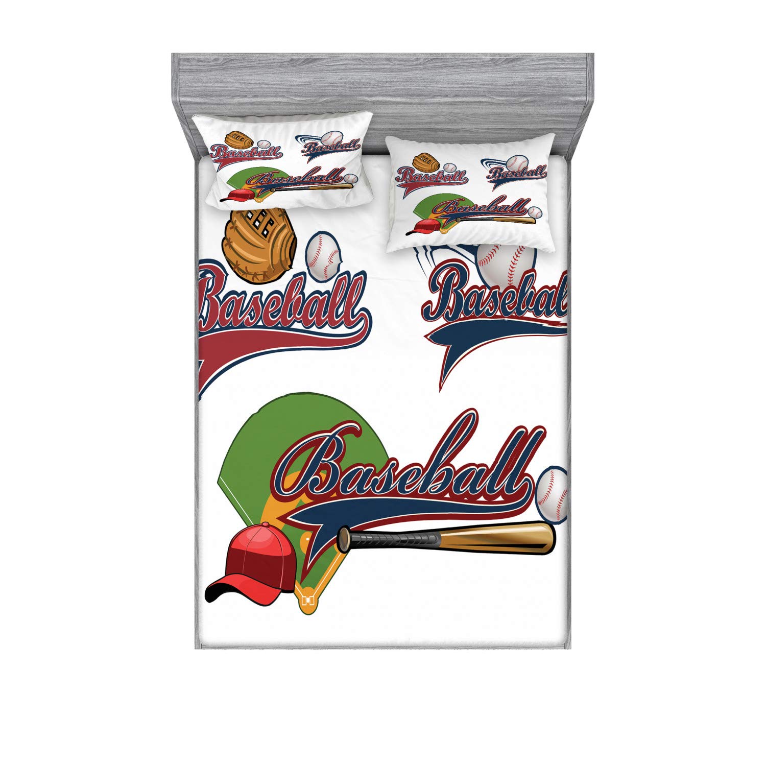 Ambesonne 3-Piece Baseball Sports Bedding Set - Fitted Sheet & Pillow Sham, Queen Size, Multicolor Printed Design for Team Fans | Perfect for Baseball Themed Bedrooms, Sports Decor, and Fan Gift Ideas