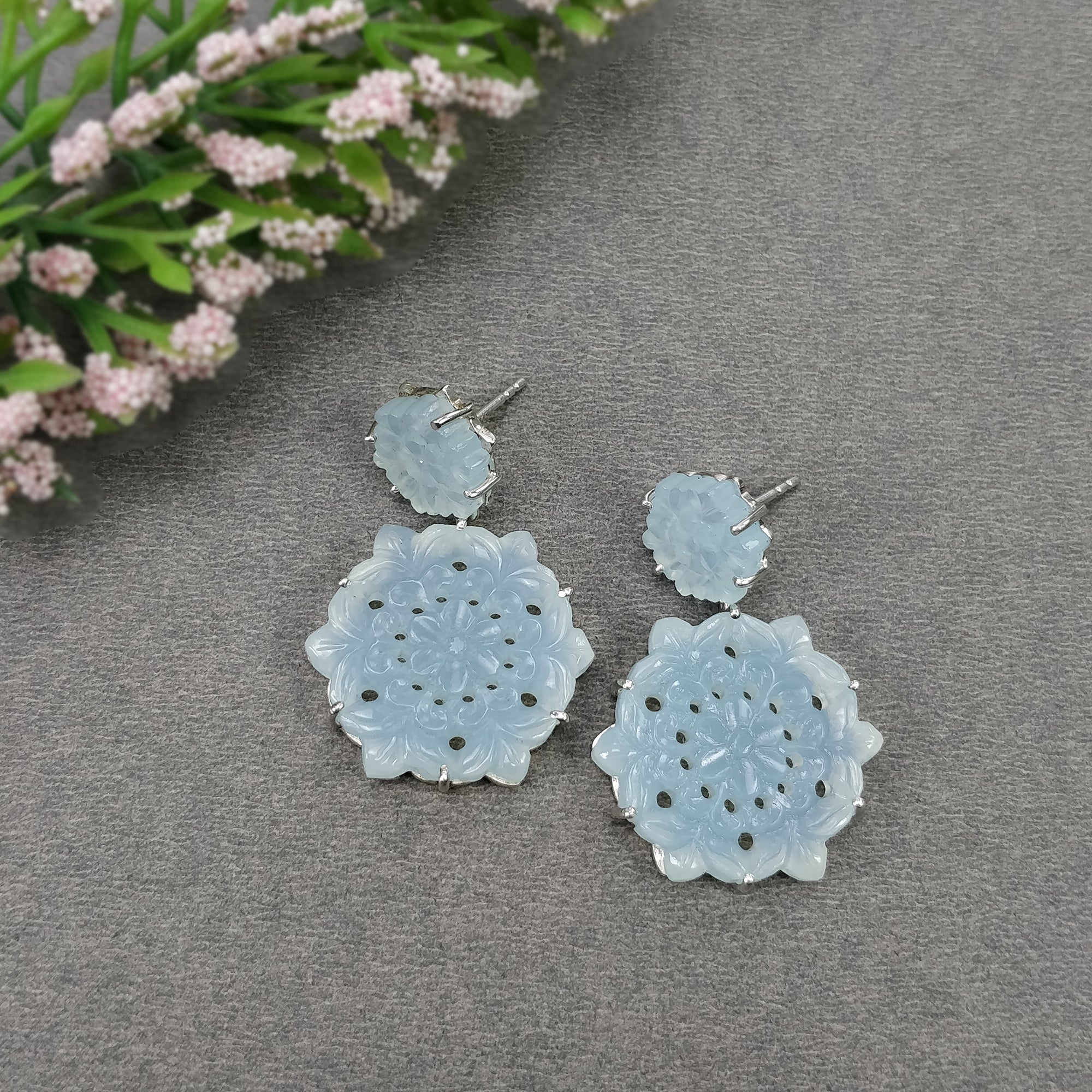 Natural Blue Milky Onyx Gemstone Earrings - 54.55cts Round Cut with 925 Sterling Silver Hand-Carved Prong Setting, Push Back Closure (1.50